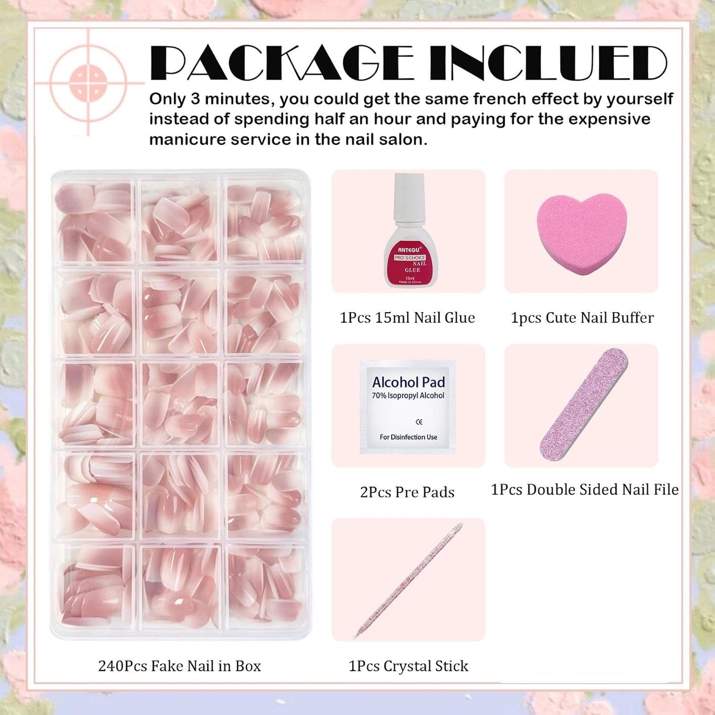 240-teiliges Set mit kurzen Kunstnägeln – kurze natürliche künstliche Nägel zum Aufkleben – künstliche Nägel mit Nude-Farbverlauf für Box-Nagelverlängerungen (Nude-Farbverlauf)