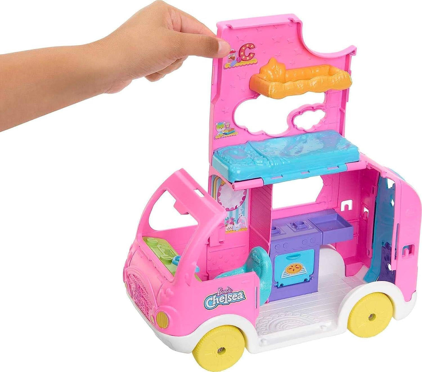 Barbie Chelsea 2-in-1-Wohnwagen – Spielzeugfahrzeug mit Pool, Hängematte und Essbereich für fantasievolles Spielen und Geschichtenerzählen, ab 3 Jahren, HNH90