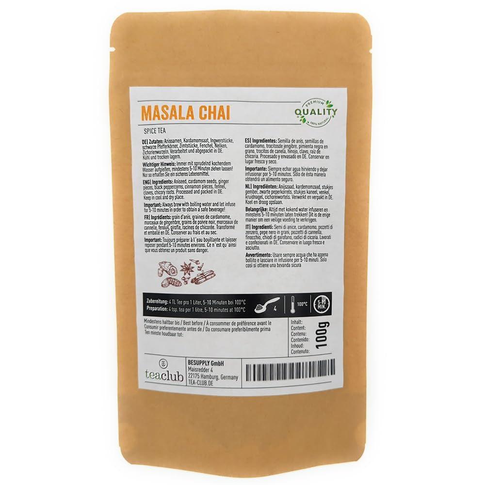 Masala Chai-Tee-Gewürzmischung 100g, indische Gewürze für Chai-Tee oder Chai-Latte, 100 % natürlich, nicht aromatisiert, Teaclub-Tee