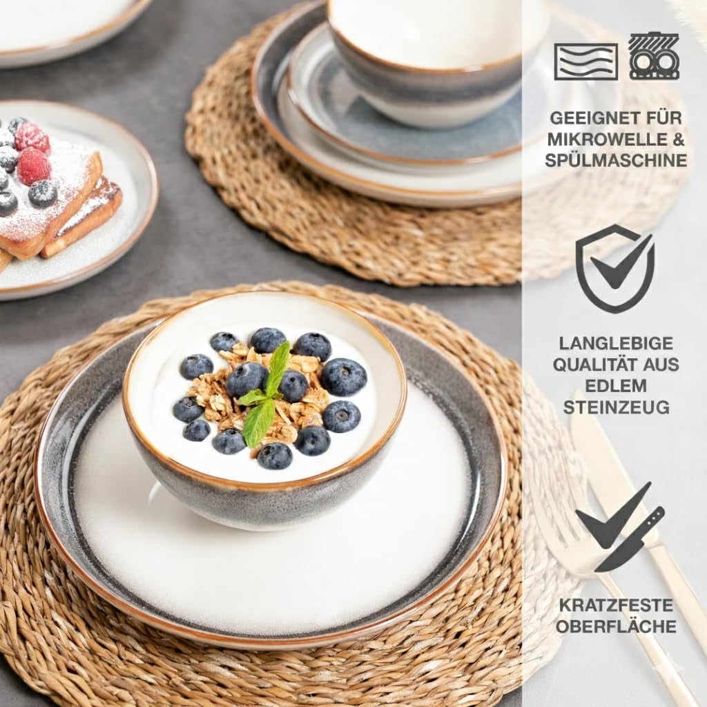 Moritz & Moritz TARENTO 24-teiliges Tafelservice für 6 Personen, Grau – Elegantes Tellerset aus hochwertigem Steingut – Das Tafelservice besteht aus 6 Speisetellern, 6 Desserttellern, 6 Speisetellern und 6 Tassen