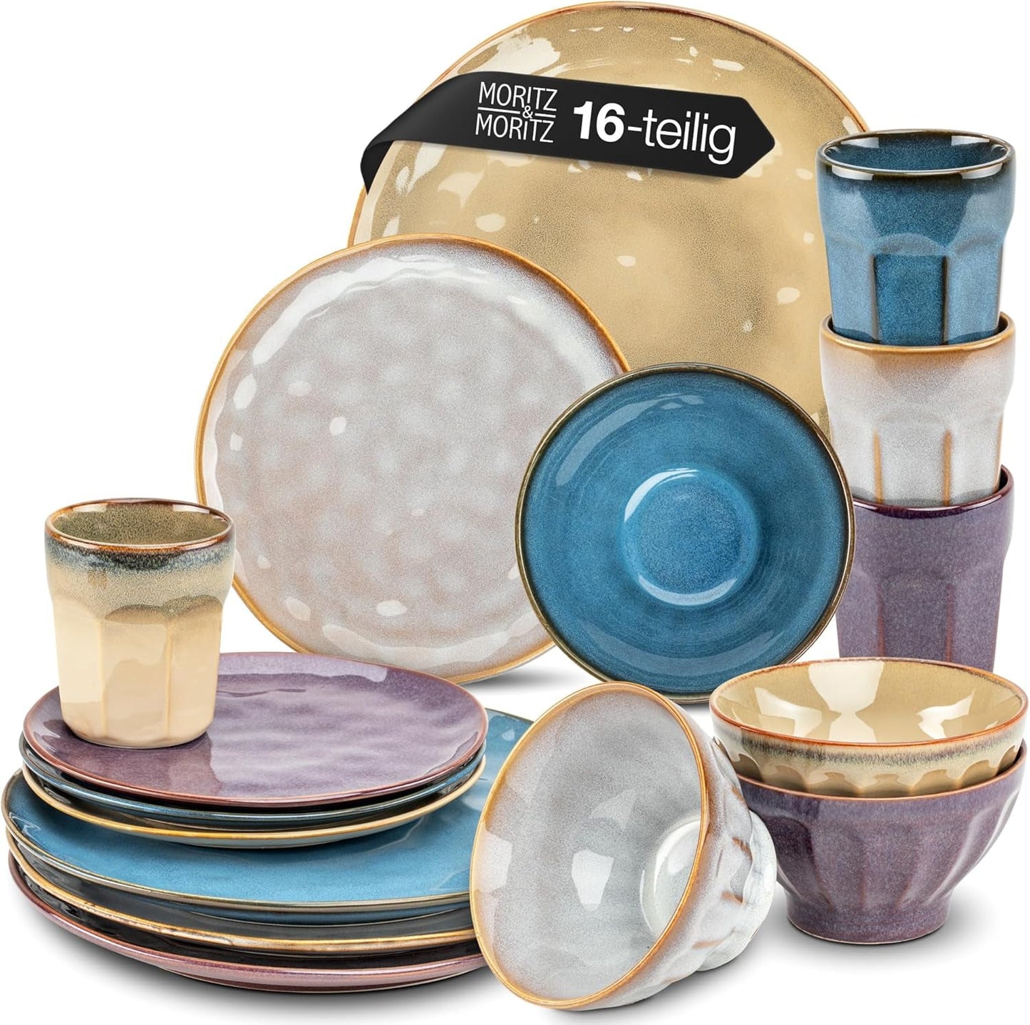 Moritz & Moritz COPA 16-tlg Geschirrset 4 Personen - Elegantes Teller Set aus hochstehendem Steinzeug - Geschirr Set 4 Personen aus je 4x Dinnerteller, Dessertteller, Müslischale & Kaffeebecher