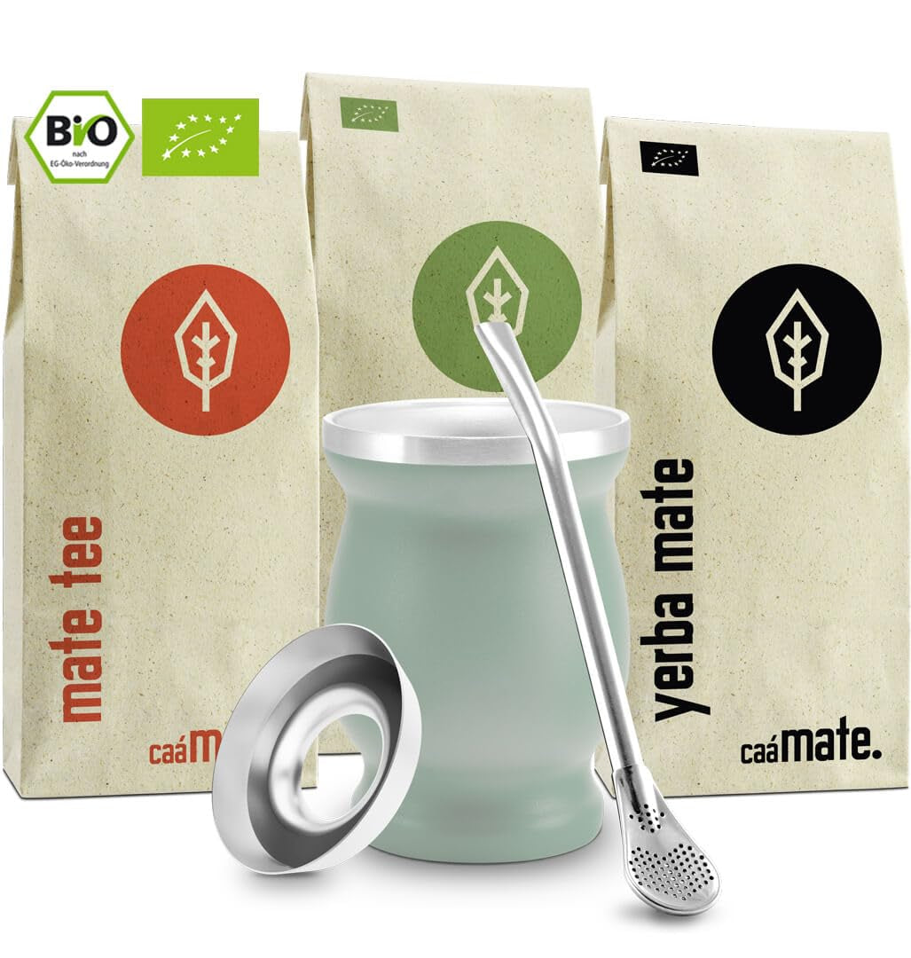 Mate Bio-Teeset ● 3 Sorten Mate + doppelwandiger Mate-Becher aus Edelstahl + Bombilla + Zubereitungsanleitung (schwarz)