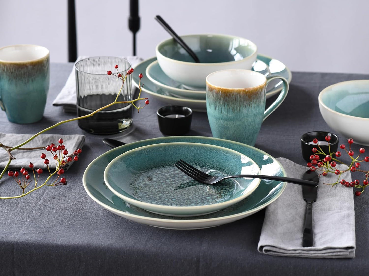 Creatable, Caldera-Serie, spülmaschinen- und mikrowellengeeignetes Steinzeug-Geschirrset, hochwertige Herstellung (grünes 8-teiliges Kombi-Set)