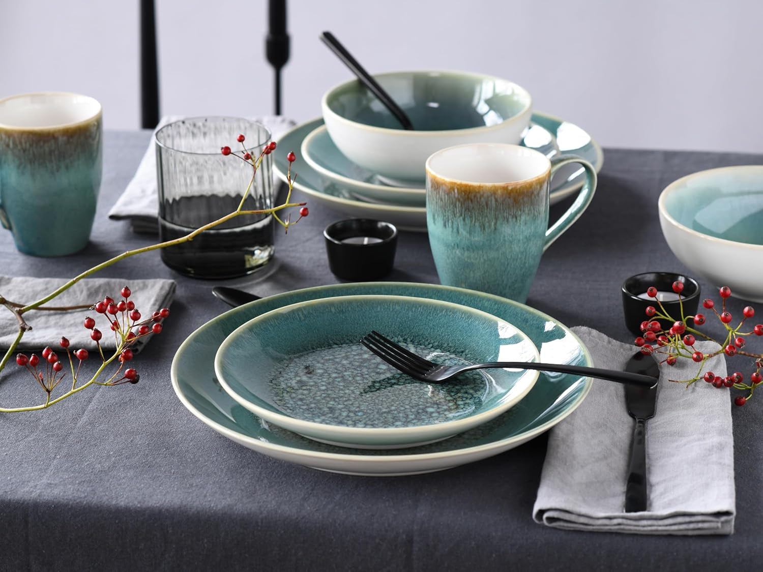 Creatable, Caldera-Serie, spülmaschinen- und mikrowellengeeignetes Steinzeug-Geschirrset, hochwertige Herstellung (grünes 8-teiliges Kombi-Set)
