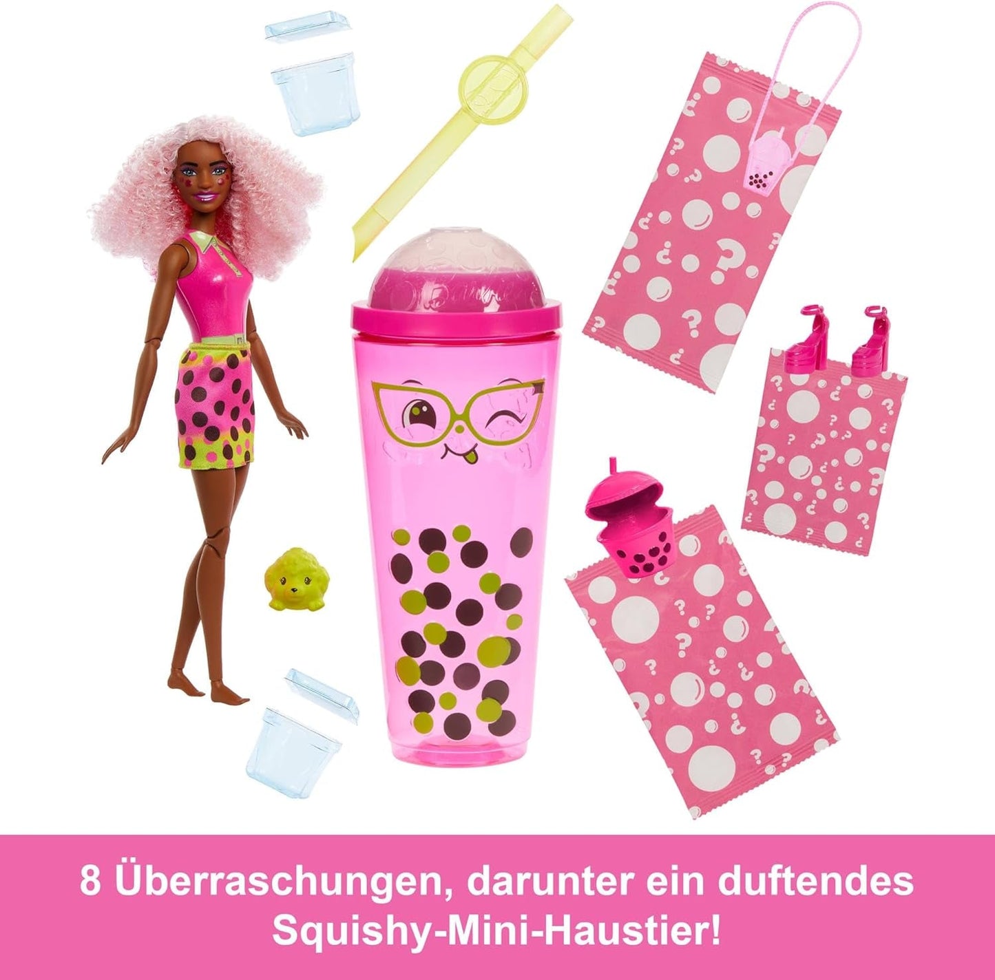 Barbie Pop Reveal Bubble Tea-Puppe und Zubehör, duftende Berry Bliss-Modepuppe mit Haustier, 8 Überraschungen, inklusive Farbwechsler, Aufbewahrungsbecher, HTJ20
