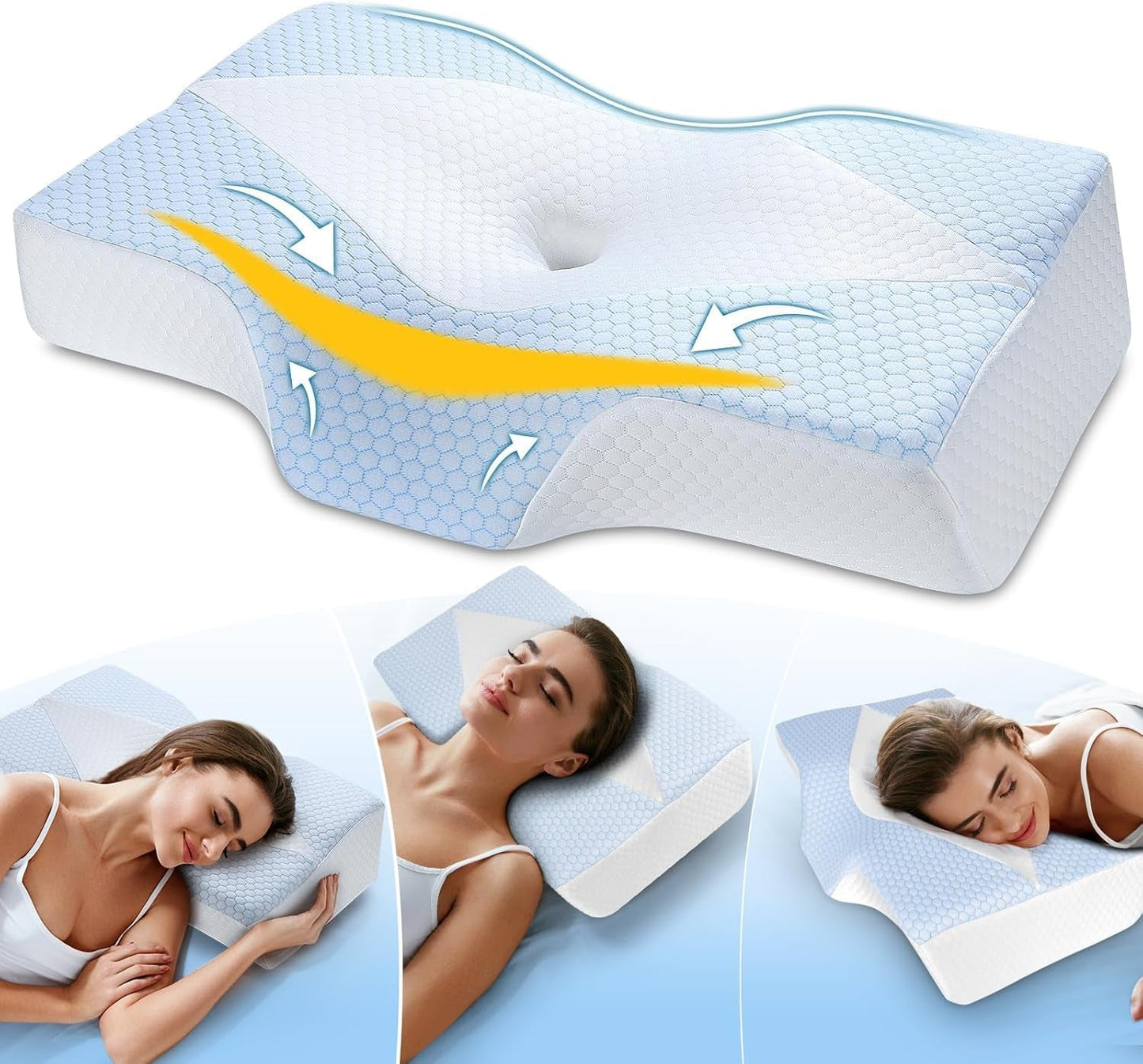 Nackenkissen aus Memory-Schaum, ergonomisches orthopädisches Kissen für Nacken- und Schulterschmerzen – kühlendes Schlafkissen für Seiten-, Rücken- und Bauchschläfer mit Nackenstütze, orthopädische Nackenkissen, Naty Shop, Blau, Weiß (63,5 cm x 40,6 cm x 10,7/13,2 cm), Blau Weiss (63,5 cm x 40,6 cm x 10,7/13,2 cm)