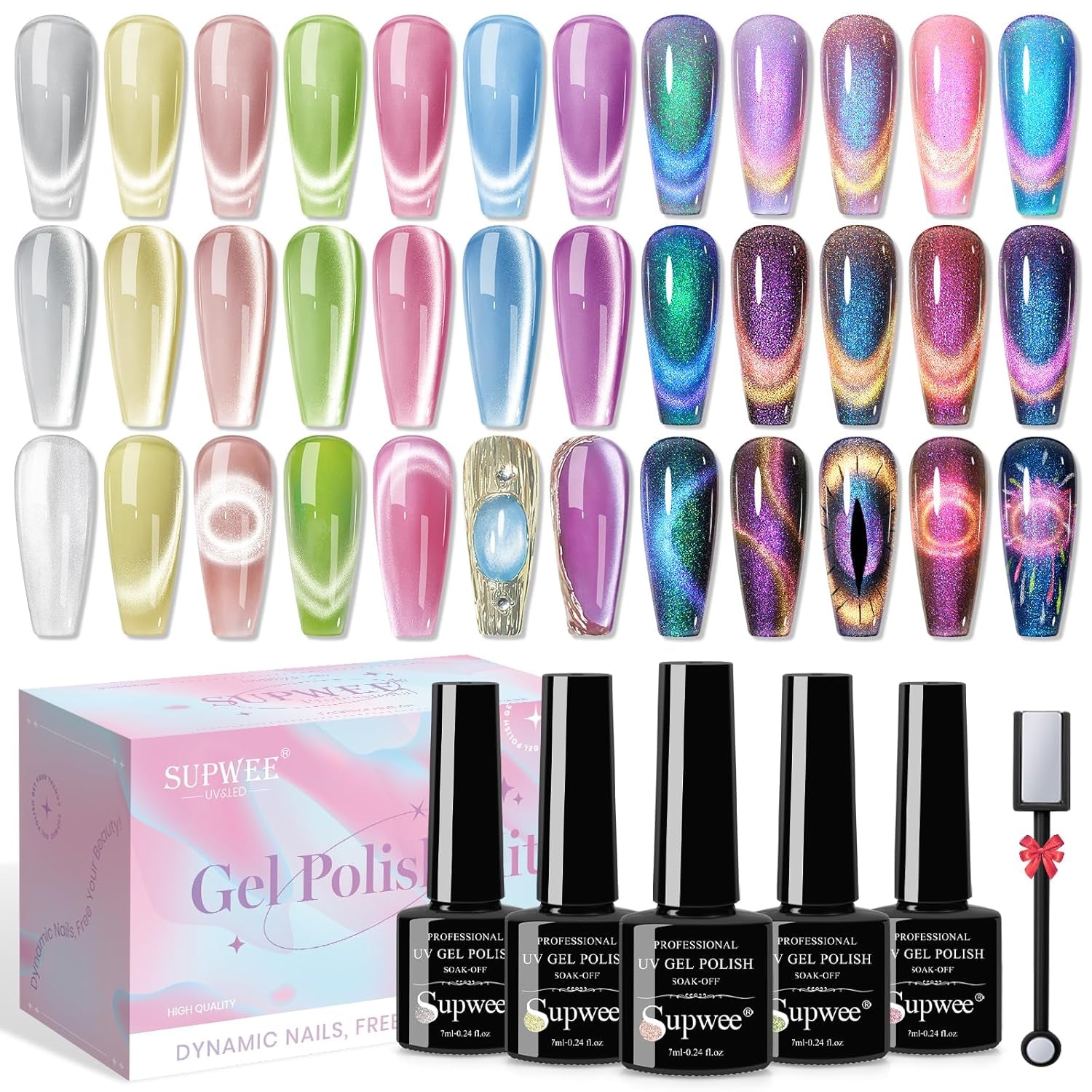 SUPWEE 5-in-1-Nagelmagnet-Werkzeug, rosa Katzenaugen-Magnet für Nägel, Multifunktions-Magnetstift, DIY Magic 3D-Magnetstift-Set, Nagelkunst-Magnetstift für Nagelkunst, Diy-Zubehör