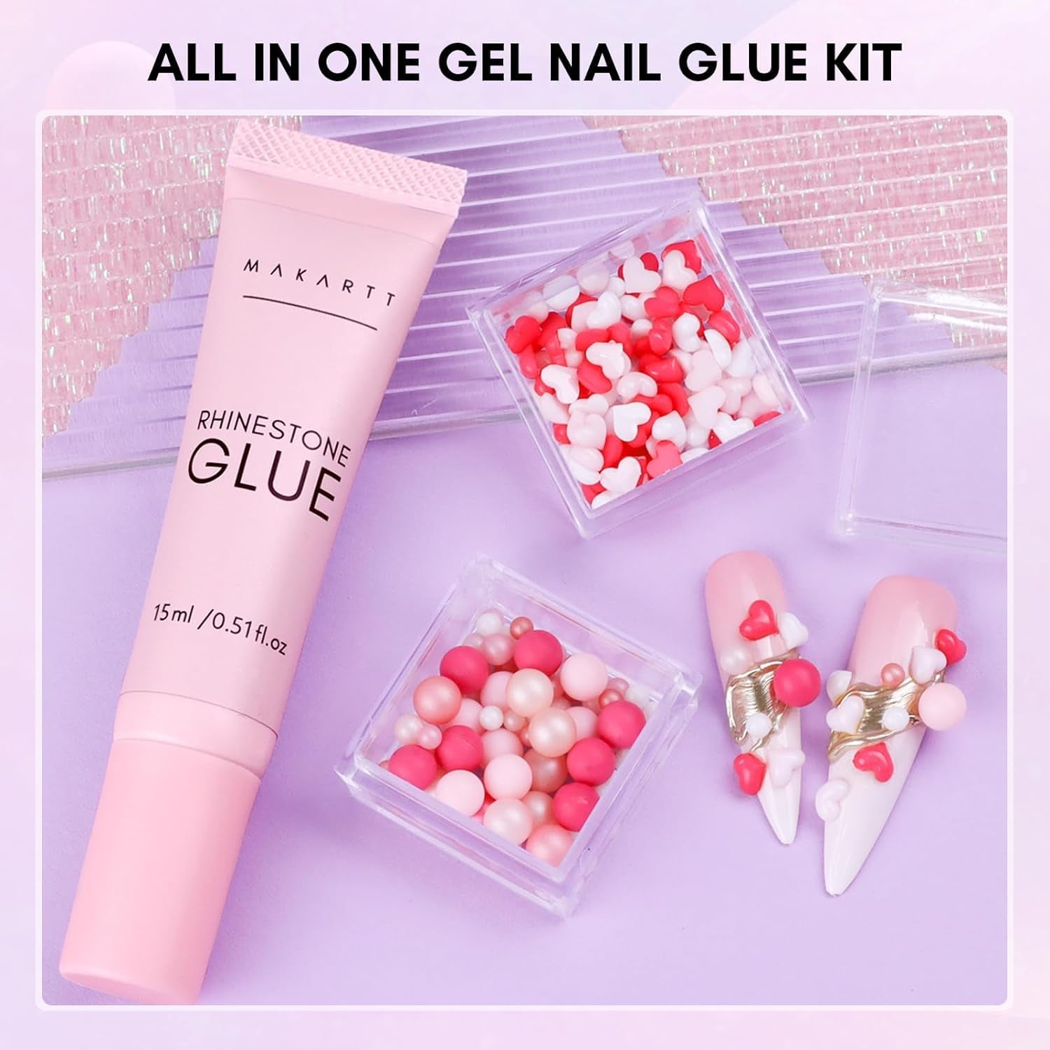 Makartt Strass-Klebegel – 15 ml UV-Nagelkleber-Set mit rosa Nagel-Charms, Herz-Kreis-Nagelschmuck und Nageldesign-Zubehör für Heim-Maniküre, Valentinstagsgeschenk