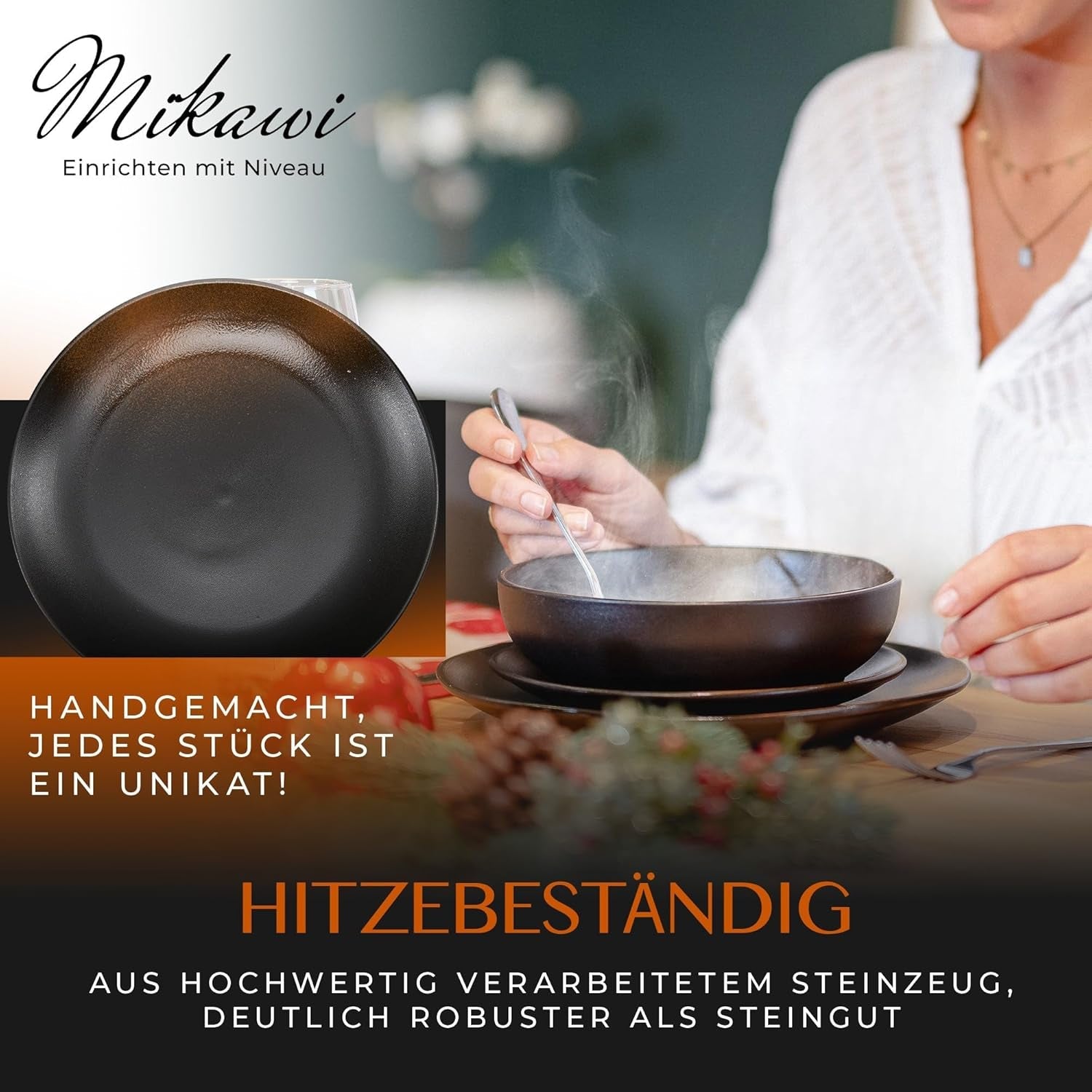 12-teiliges Geschirrset aus Steingut – Linie Prairie – Elegantes Design in Braun-/Schwarztönen, Set bestehend aus 4 Speisetellern, 4 Desserttellern und 4 Speisetellern/Premium-Kollektion