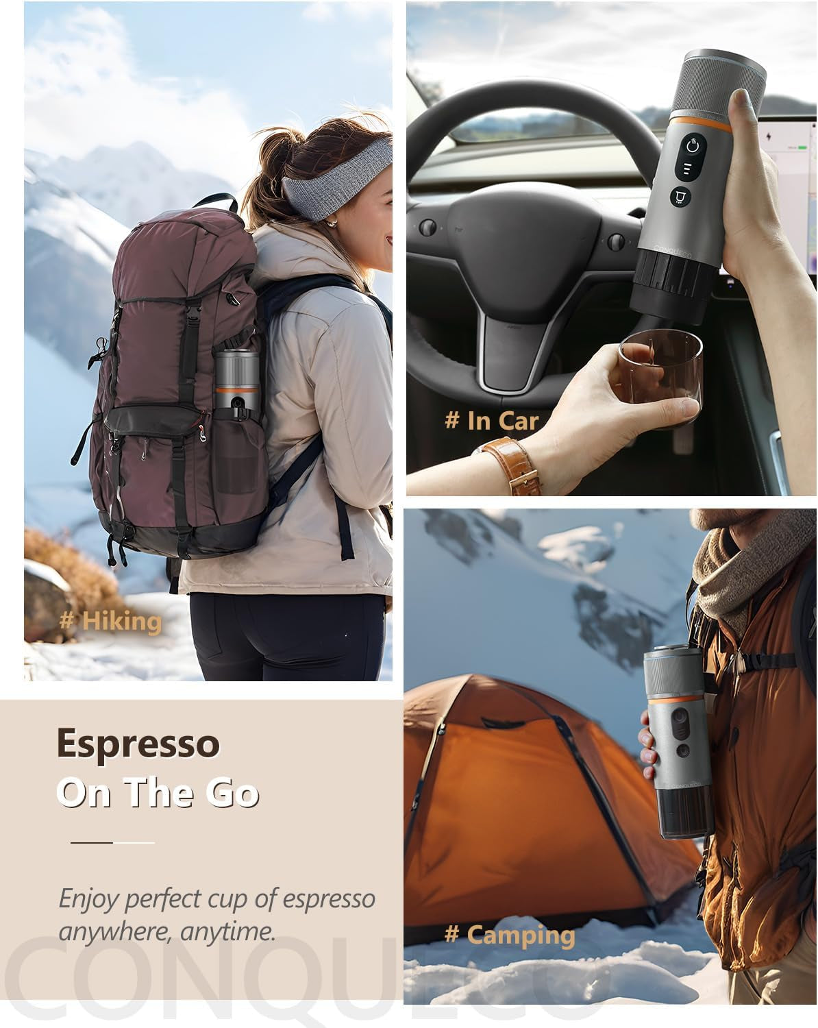 CONQUECO 12V Auto-Espressomaschine: Tragbare Espressomaschine mit Akku für Camping und Reisen – Schnelles Aufheizen in 2,5 Minuten – 8 Espressotassen in einer Ladung