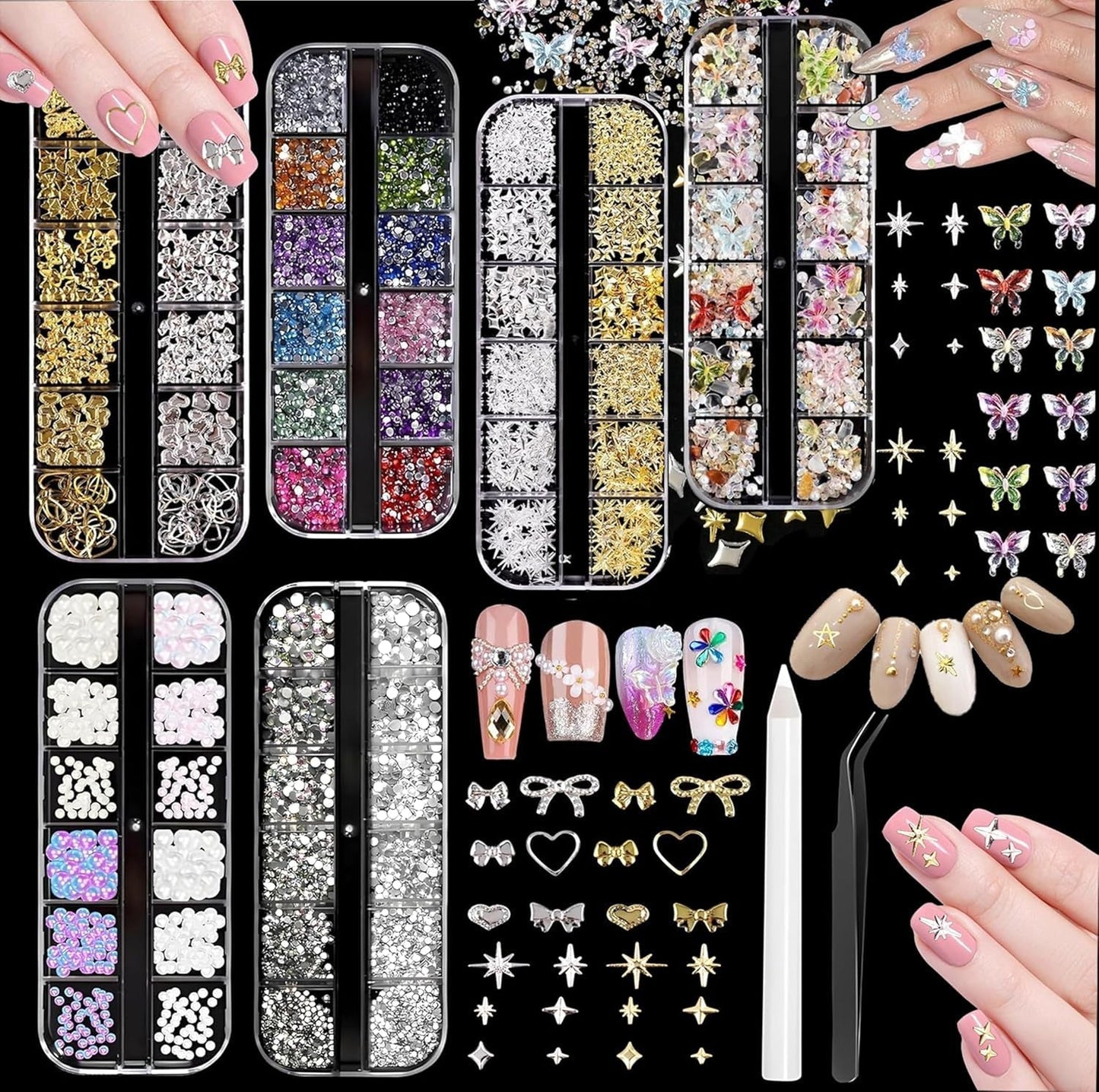Nail Charms,6 Boxen Gold Silber Nagel Charms 3D Gold Bogen Stern Nail Art Dekoration+6200 Strasssteine ​​​​Bunt Steine ​​​​AB Perlen Diamanten,3D Legierung Bow Nail Gems Nagel Deko Für Frauen Nagel (6-A)