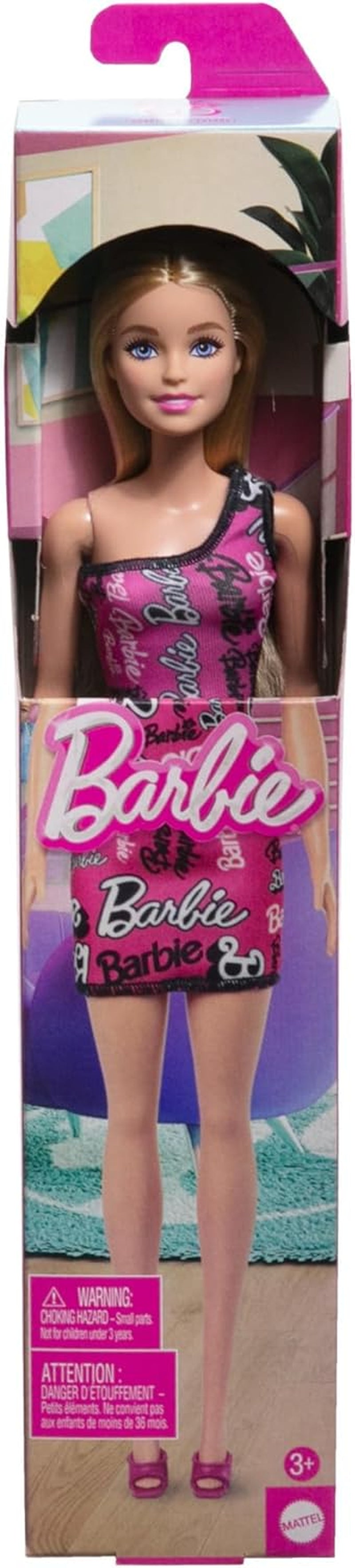 Modische Barbie-Puppe mit glattem blonden Haar in einem rosa abnehmbaren One-Shoulder-Kleid und Schuhen mit aufgedrucktem Logo, HRH07