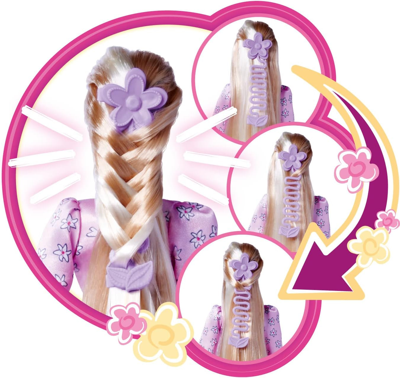 Simba 105733640 - Steffi Love Flower Hair, Puppe mit extra langen Haaren, inklusive 6 Clips, Zopfzubehör und Kamm, 29 cm, ab 3 Jahren