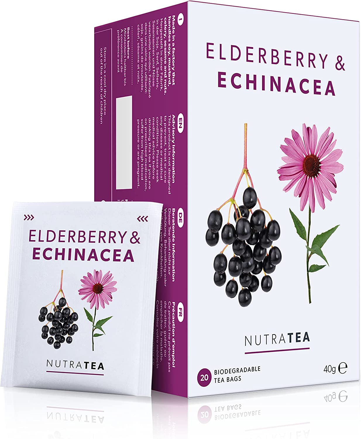 Nutra Tea Holunder & Echinacea, Immunitäts- und Erkältungstee, Tee zur Immununterstützung, Erkältungsbekämpfung, 20 wiederverwendbare Teebeutel, natürlicher Kräutertee