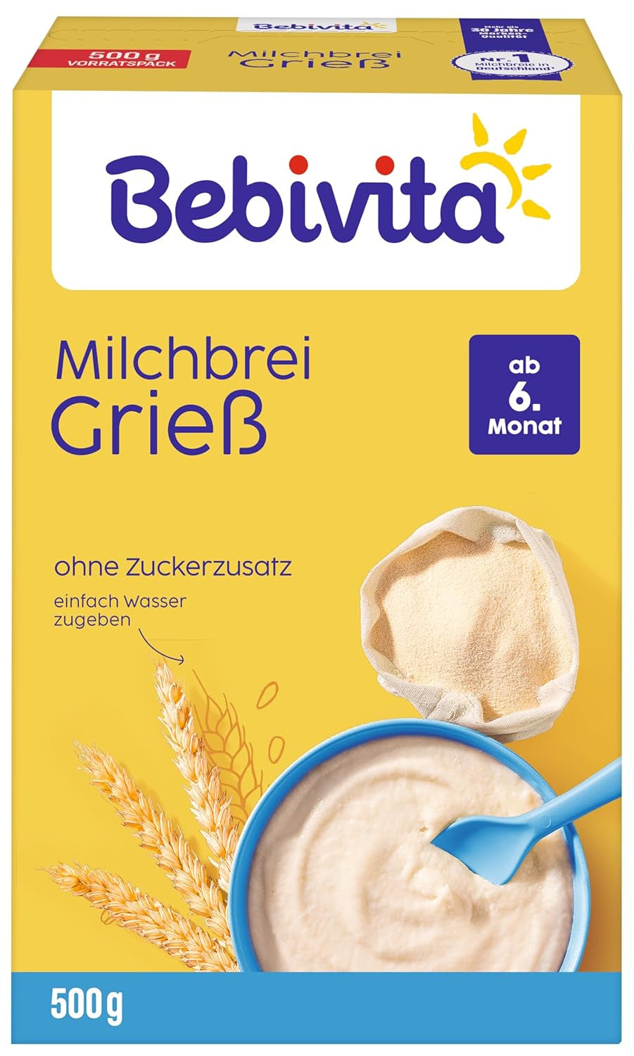 Grießbrei mit Milch (4 x 500g), Nahrung für Babys ab 6 Monaten, ohne Zuckerzusatz, mit wertvollen Mineralien und Vitaminen, sehr sättigend