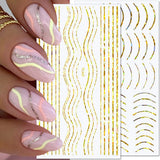 12 Blatt Laser-Glitzerlinien, selbstklebende Nagelaufkleber, holografische Aufkleber, bronzefarbene Streifen, Nagelaufkleber, französische Linie, gebogene Bögen, Wellenlinien, Nagelaufkleber, Nagelkunst-Zubehör