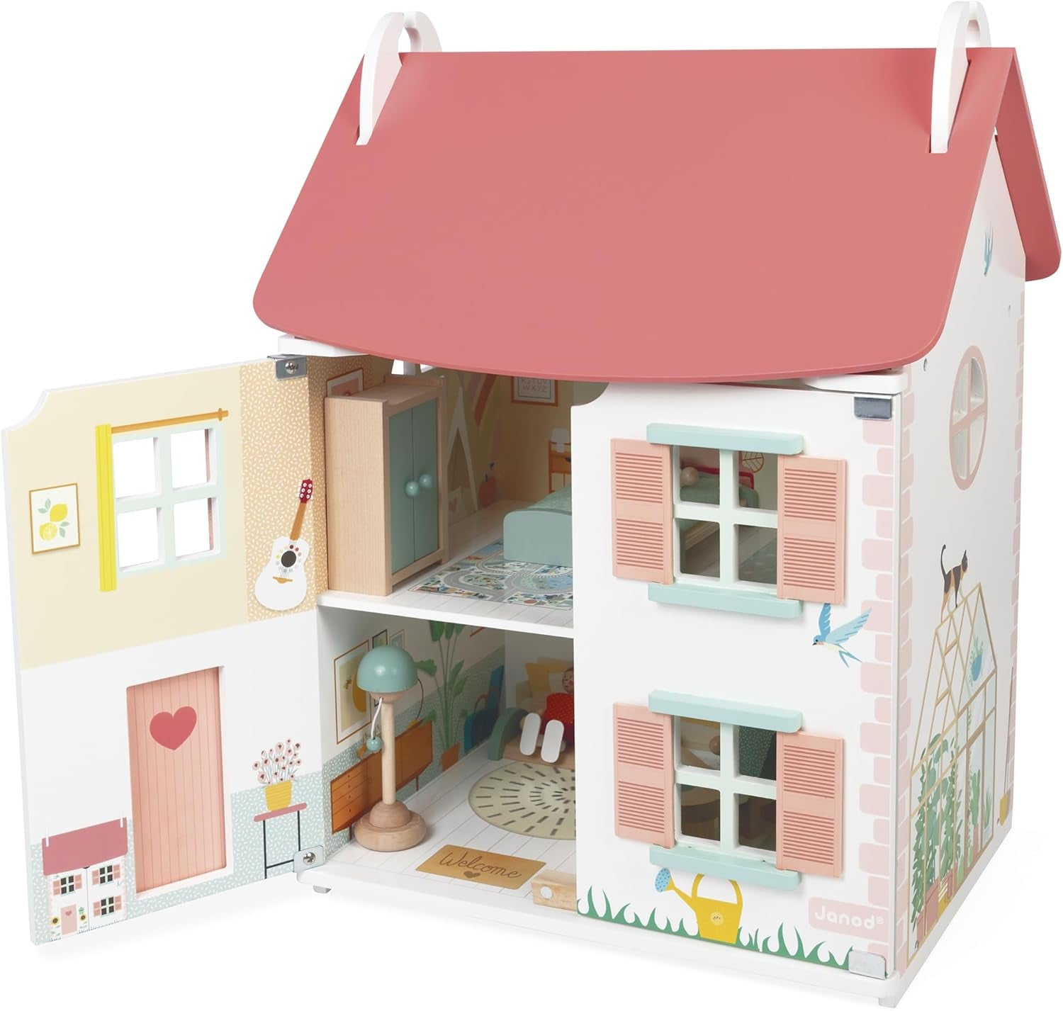 Janod – Mein erstes Puppenhaus aus Holz – 10 Zubehörteile – Puppenmöbel – magnetische Türen und abnehmbares Dach – FSC-zertifiziertes Holzspielzeug – ab 3 Jahren
