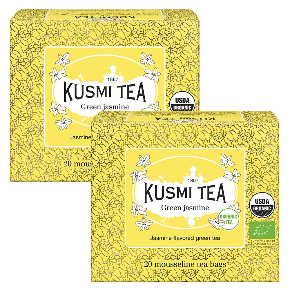 Kusmi Tea – 2er-Pack – Jasmin-Grüntee – Bio-Jasmin-Grüntee-Mischung – 100 % Bio-Grüntee – kann heiß oder kalt getrunken werden – 2 x 20 Teebeutel