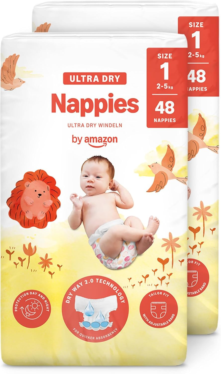 Amazon Ultra Dry Windeln, Größe 1 (2–5 kg) – Monatsbox, Weiß, 96 Stück (2 Packungen à 48 Stück) (ehemals Marke Mama Bear, identisches Produkt)
