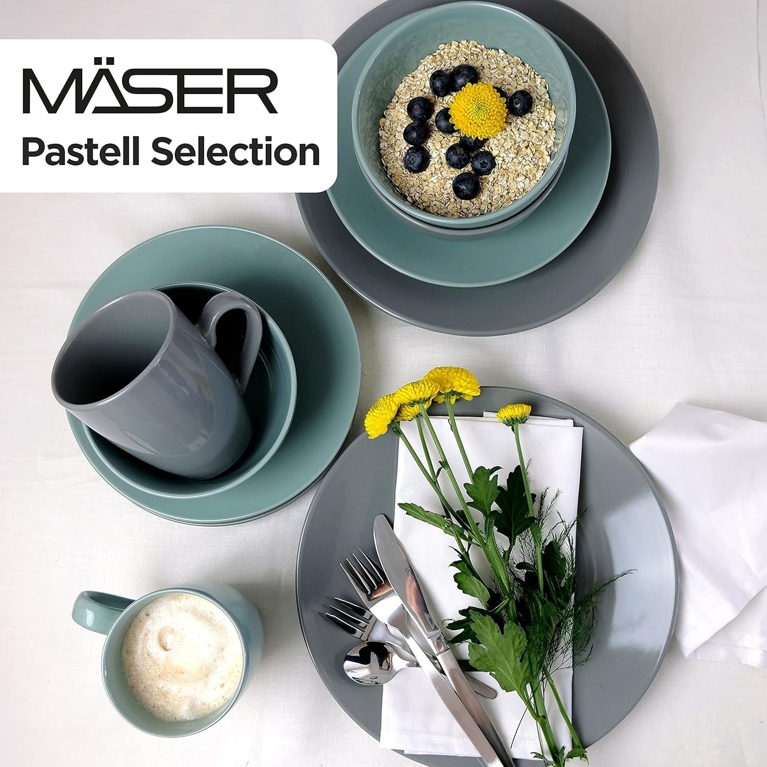 MÄSER Pastel Selection, Modernes Geschirr-Set für 4 Personen, 16-teiliges Kombiservice aus Keramik, Steinzeug, Türkis-Grün