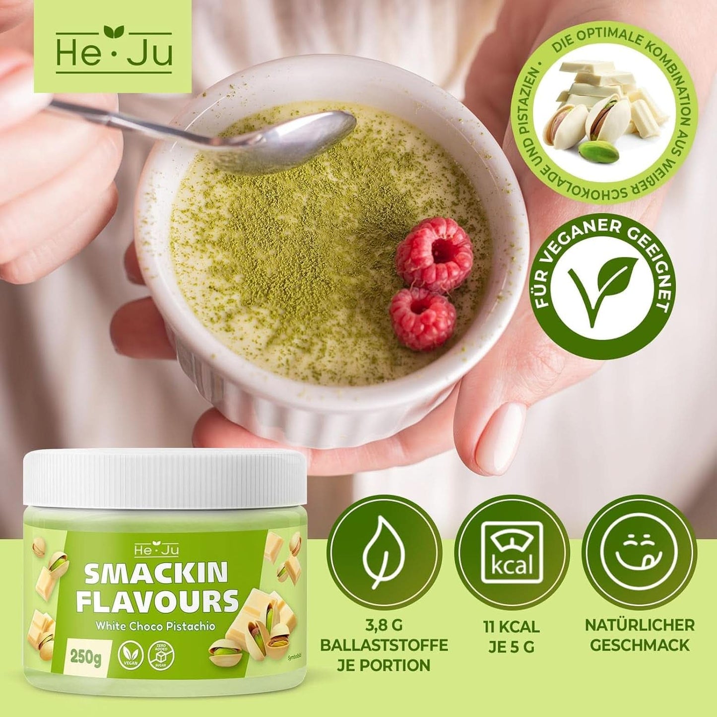 He-Ju, Pulver mit weißem Schokoladen- und Pistaziengeschmack, 250 Gramm Naty Shop Flavours