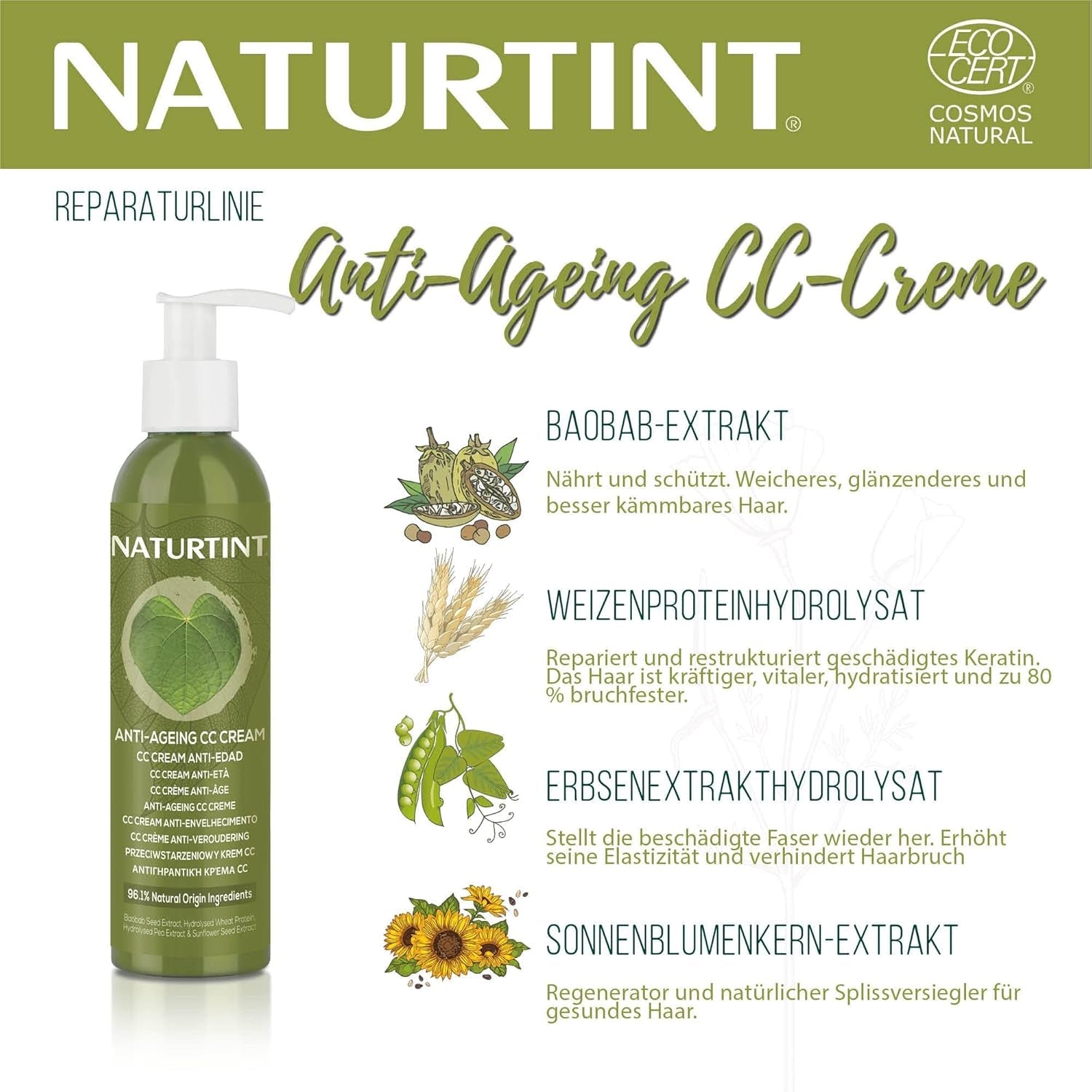 Natürliche Tönung CC-Creme. Haarmaske ohne Ausspülen. Für trockenes und strapaziertes Haar. Repariert und spendet Feuchtigkeit. 96 % natürliche Inhaltsstoffe. 200 ml Naty Shop Haarmaske