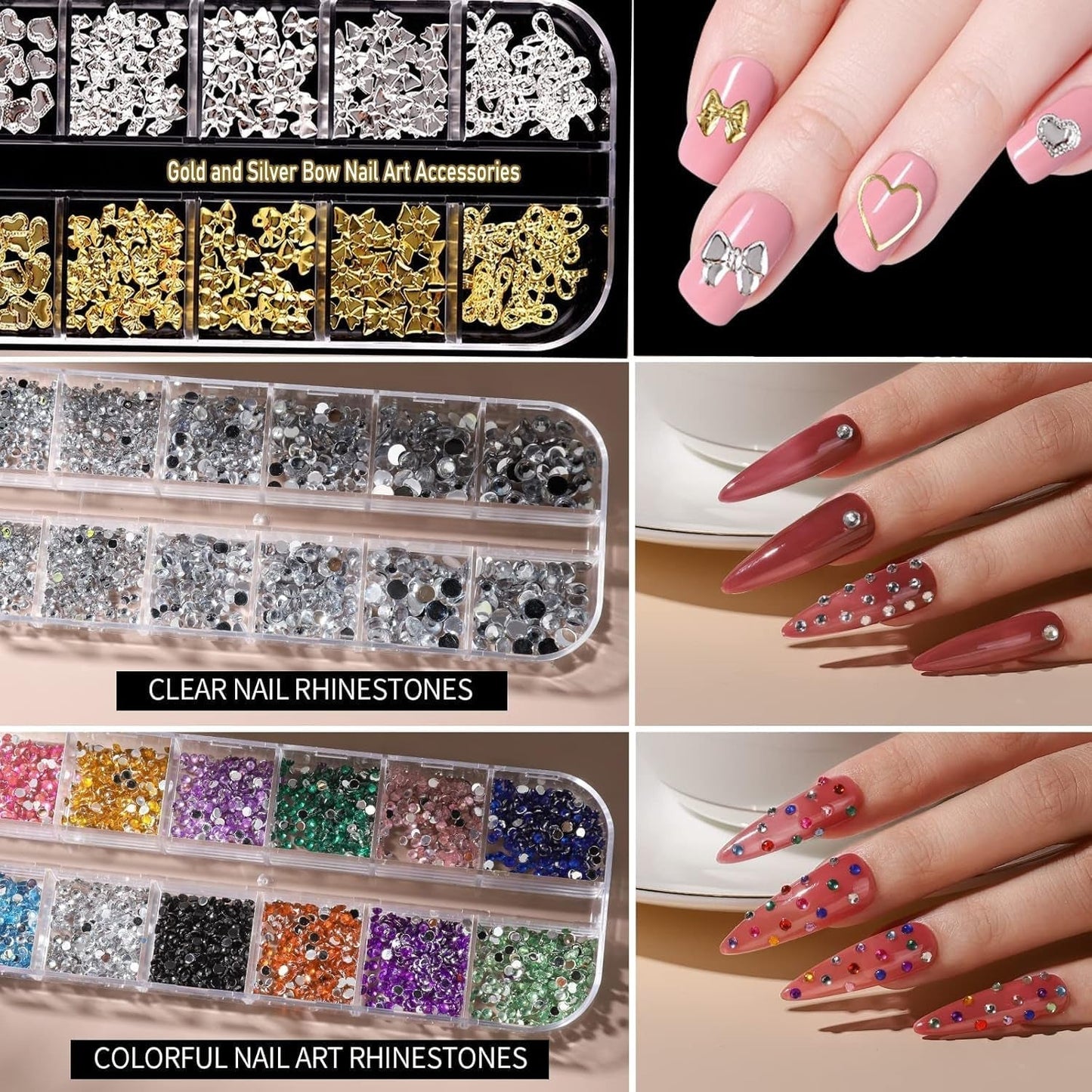 Nail Charms,6 Boxen Gold Silber Nagel Charms 3D Gold Bogen Stern Nail Art Dekoration+6200 Strasssteine ​​​​Bunt Steine ​​​​AB Perlen Diamanten,3D Legierung Bow Nail Gems Nagel Deko Für Frauen Nagel (6-A)