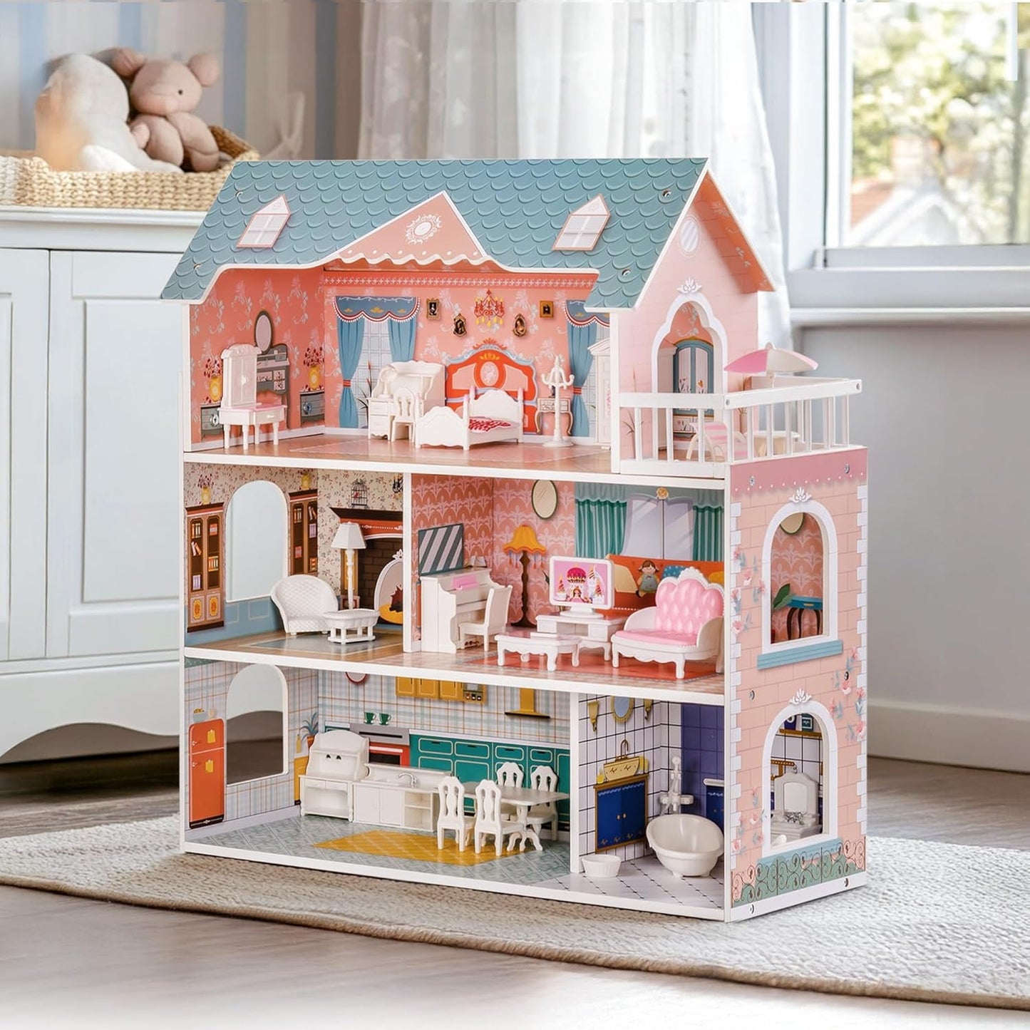ROBUD Puppenhaus aus Holz mit Möbeln und Zubehör, Mädchenhäuser, Spielhaus, Kinderspielzeug
