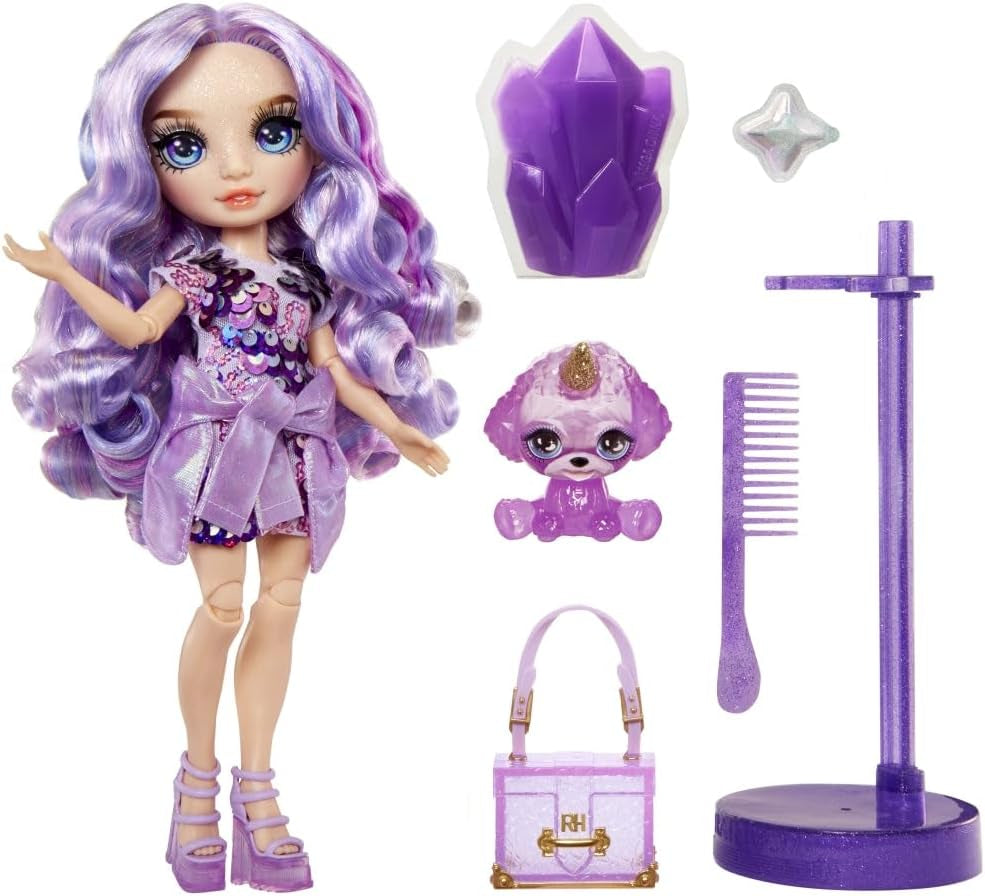 Rainbow High Modepuppe mit Schleim und Haustier – Lila – 28 cm große Glitzerpuppe mit Glitzerschleim, magischem Haustier und Modeaccessoires – Spielzeug für Kinder – ideal für 4–12 Jahre