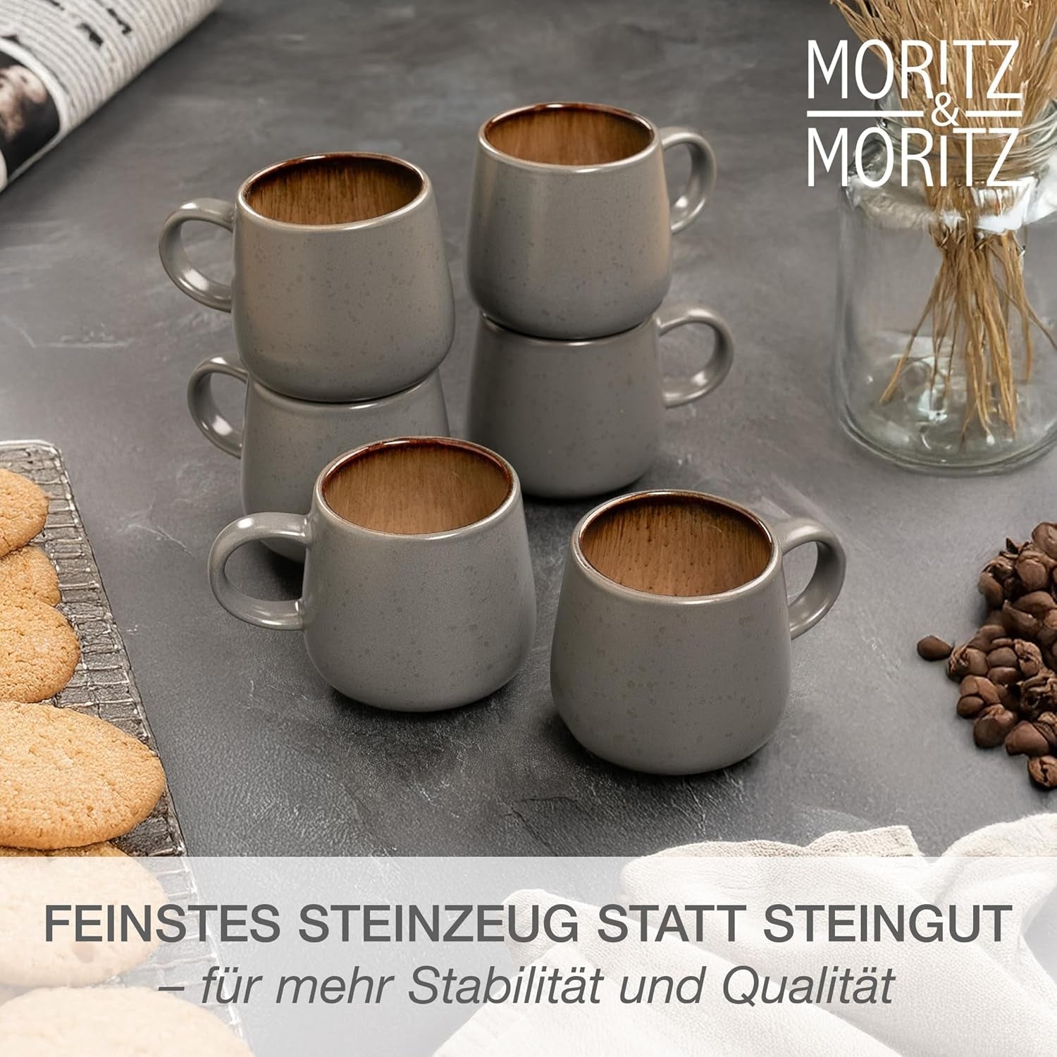 Moritz & Moritz SOLID 24-teiliges Steinzeug-Geschirrset für 6 Personen – Geschirrset für 6 Personen, bestehend aus 6 Speisetellern, 6 kleinen Tellern, 6 Speisetellern und 6 Tassen mit Henkeln