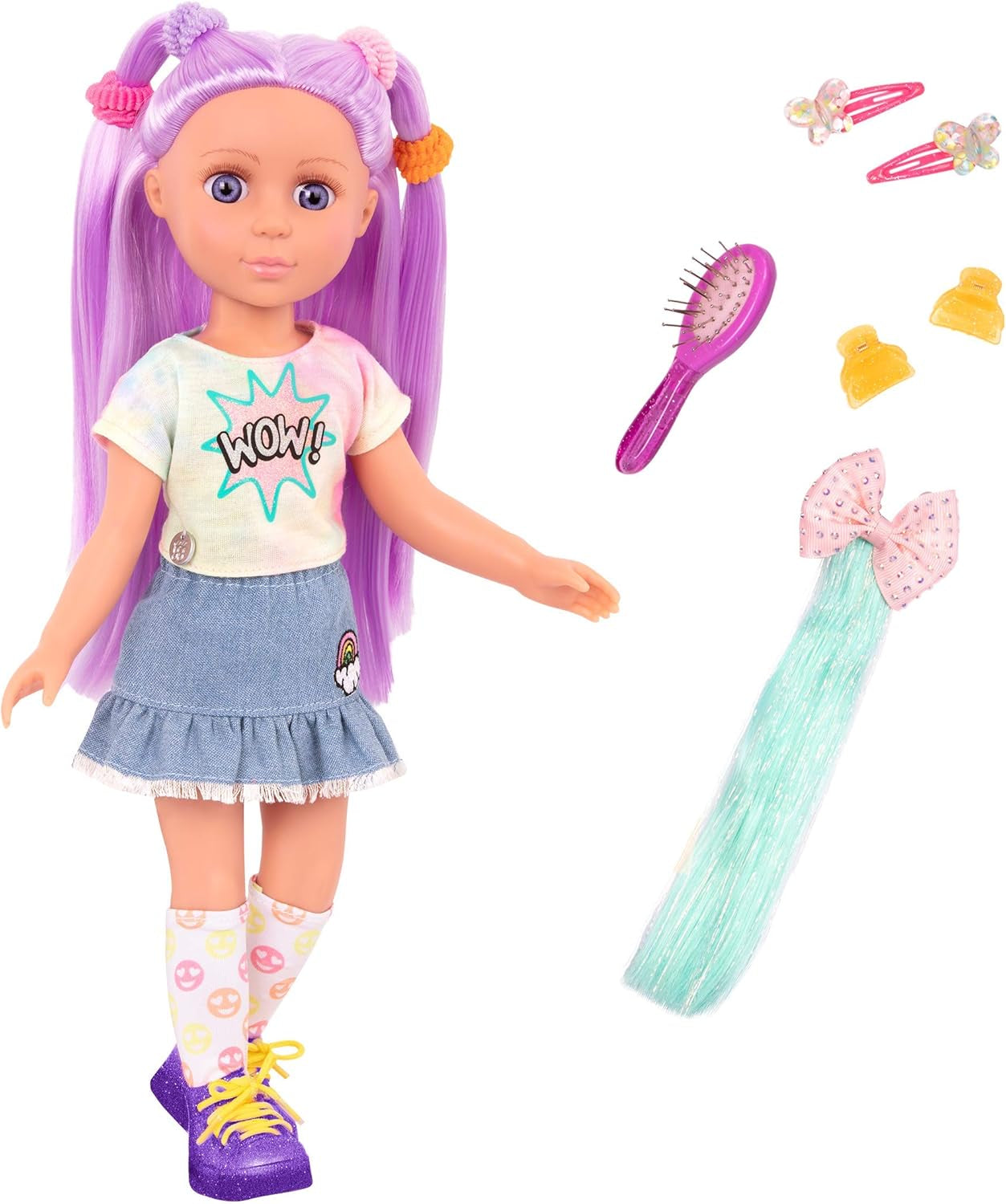 Glitter Girls – Luma – 36 cm große bewegliche Puppe – einzigartige lila Haare und lila Augen – Haarverlängerungen, Schleife, Clips und farbenfrohes Outfit – ab 3 Jahren