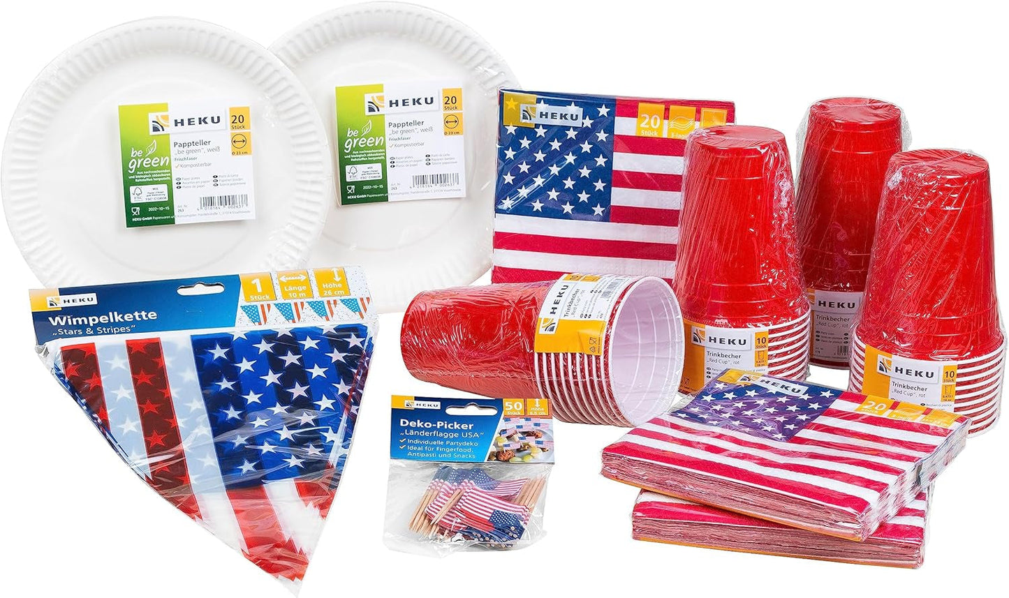 HEKU 191-tlg. USA-Party-Set I Pappteller Ø23 cm, rote Becher, 3-lagige Servietten 33 x 33 cm, Deko-Picker, Wimpelkette 10 m I perfekt für Mottopartys und Nationalfeiertage