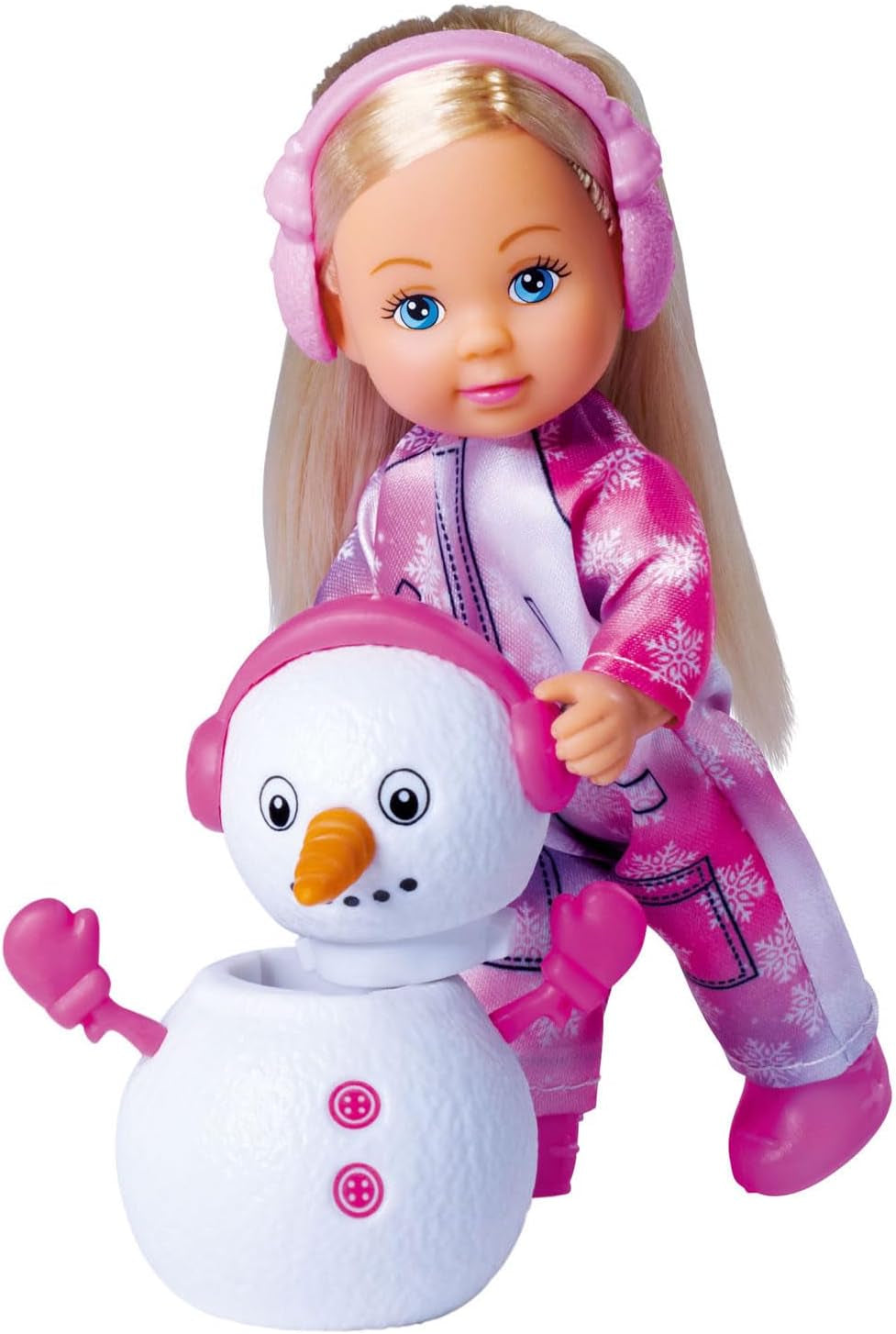 Simba 105733646 – Evi Love Snow, Puppe im süßen Schneeanzug mit baubarem Schneemann, 12 cm, ab 3 Jahren