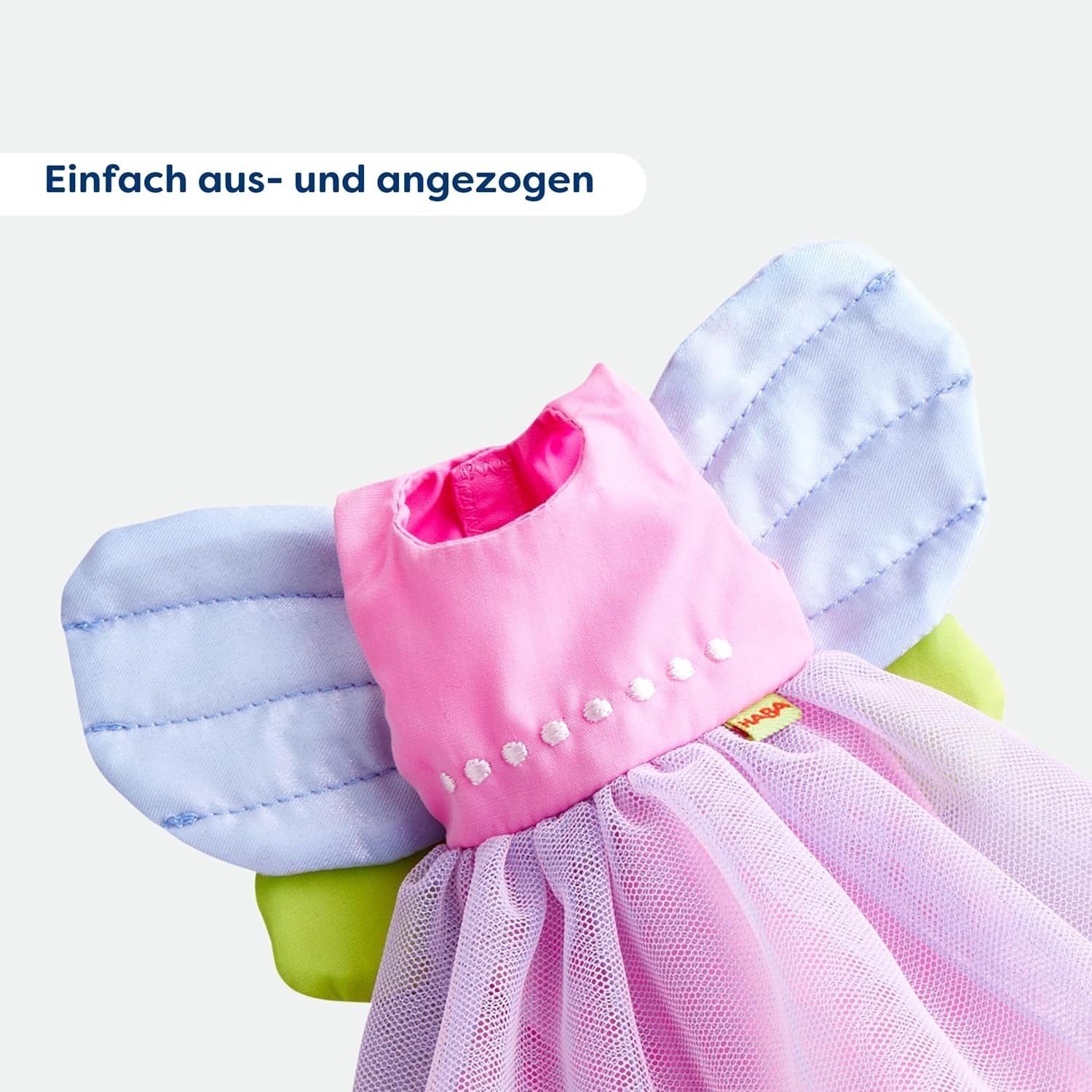 HABA Fairy Magic Puppenkleidung – 2-teiliges Set für Puppen ab 18 Monaten (30 cm) – Tüllkleid mit Flügeln, Blumen-Haarband im Lieferumfang enthalten – 1306243001