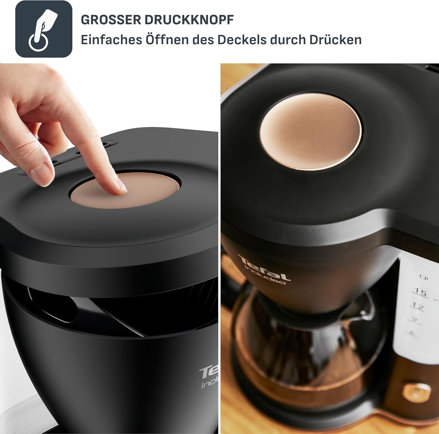 Tefal Includeo Filter-Espressomaschine, Espressomaschine extrem einfach zu bedienen, für Rechts- und Linkshänder geeignet, automatische Deckelöffnung, 1,25 l, 10 bis 15 Tassen, CM533811