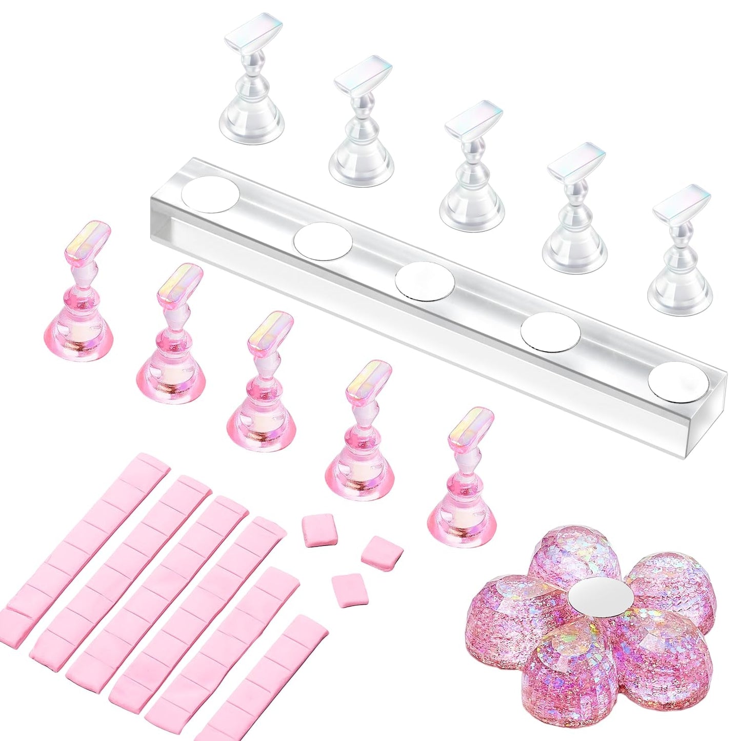 Makartt Acryl-Nagelhalter, magnetischer Nagelhalter, Nagelhalter, transparenter rosa Nagelhalter mit 48 Stück Klebemasse