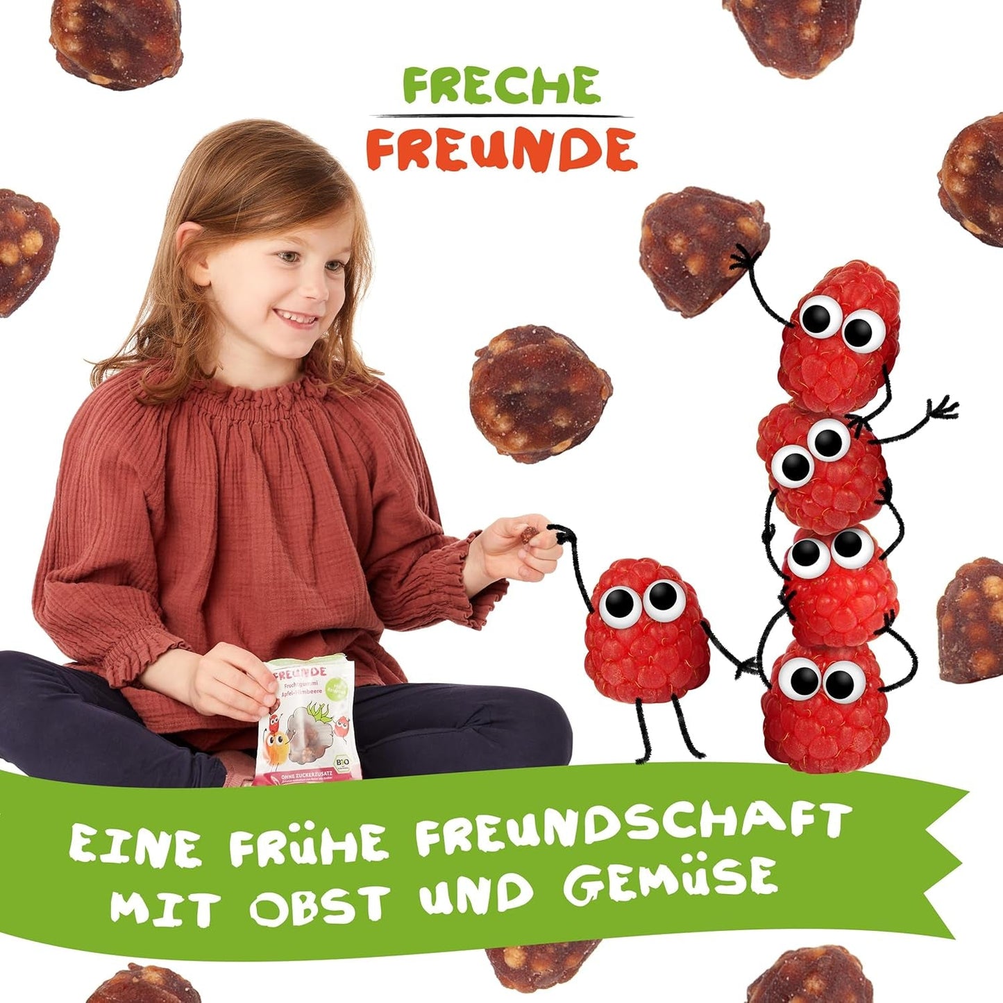 FRECHE FREUNDE Bio-Fruchtgelees, Apfel-, Himbeer- und Reislutscher, fruchtig-süßer Snack für Kinder, glutenfrei, vegan, 20er Pack (20 x 30 g)