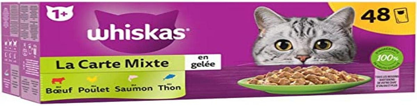 WHISKAS-Mahlzeit – 48 Beutel frisch – gemischter Karton (4 Sorten) – Nassfutter für ausgewachsene Katzen in Gelee – komplettes und ausgewogenes Nassfutter, geeignet für sterilisierte Katzen