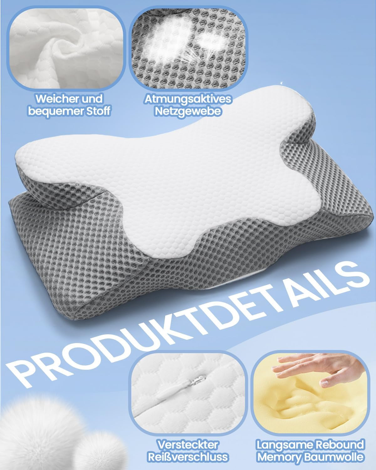 2-in-1-Nackenkissen, Memory-Schaum-Kissen, ergonomisches orthopädisches Kissen, 2 Schlafhöhen, Nackenstützkissen für Seiten-/Rücken-/Bauchunterstützung, zervikale orthopädische Kissen, Naty Shop