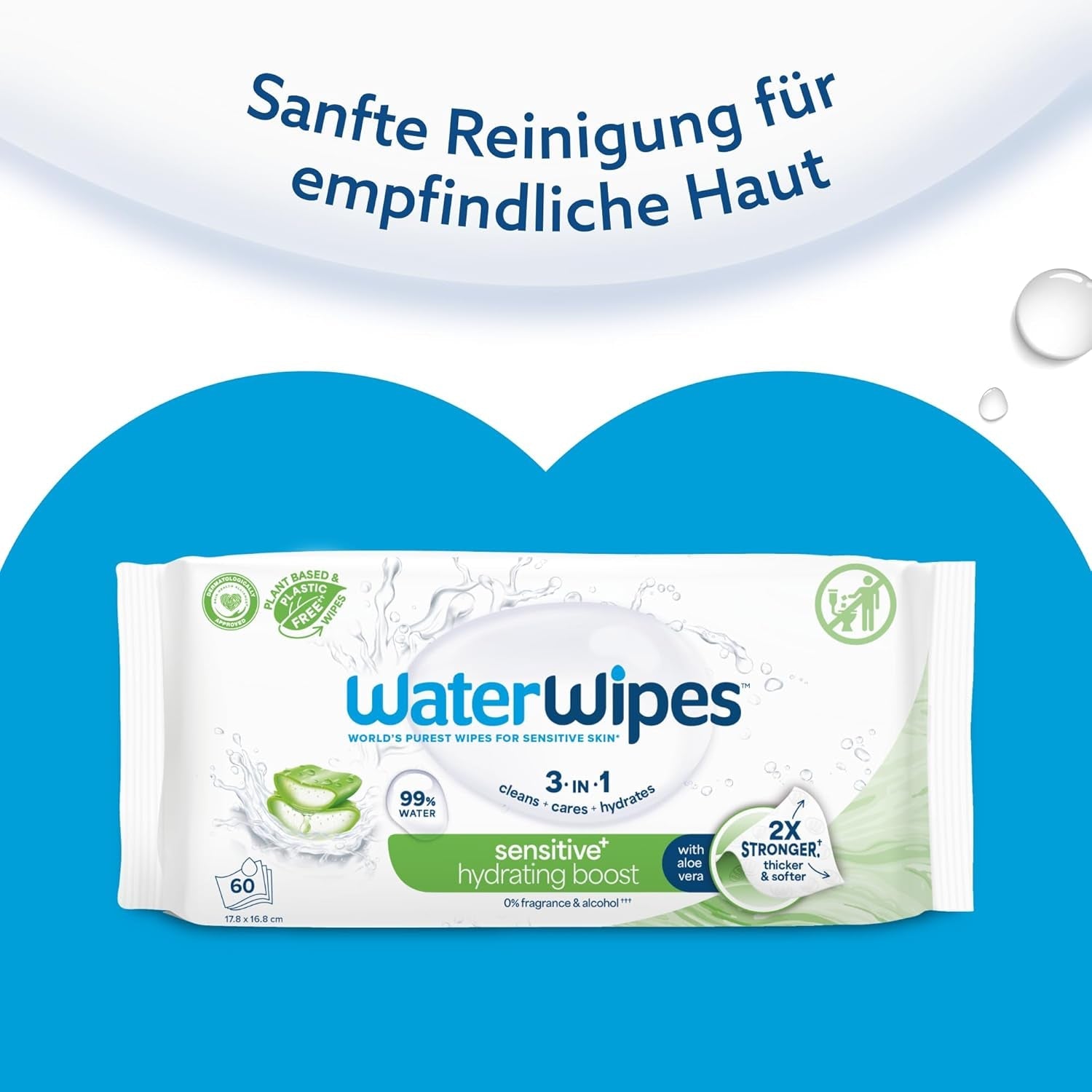 WaterWipes Sensitive+ Hydrating Boost Feuchttücher, feuchtigkeitsspendende Tücher, 360 Stück (6er-Pack), 3-in-1-Reinigung, Pflege, Hydratation, 99 % Aloe-Vera-Wasser, parfümfreie Babytücher