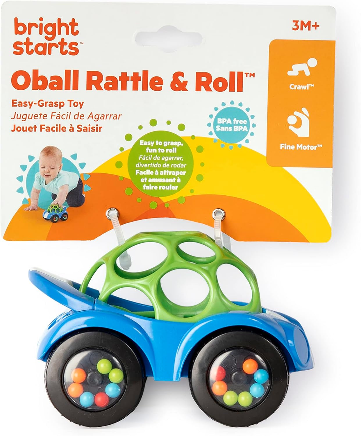 Bright Starts Oball Rassel, Spielzeugauto, Motorikspielzeug für Babys und Kleinkinder ab 3 Monaten, 1 Stück, zufällige Farbe, Blau oder Rot, Babyspielzeug Naty Shop