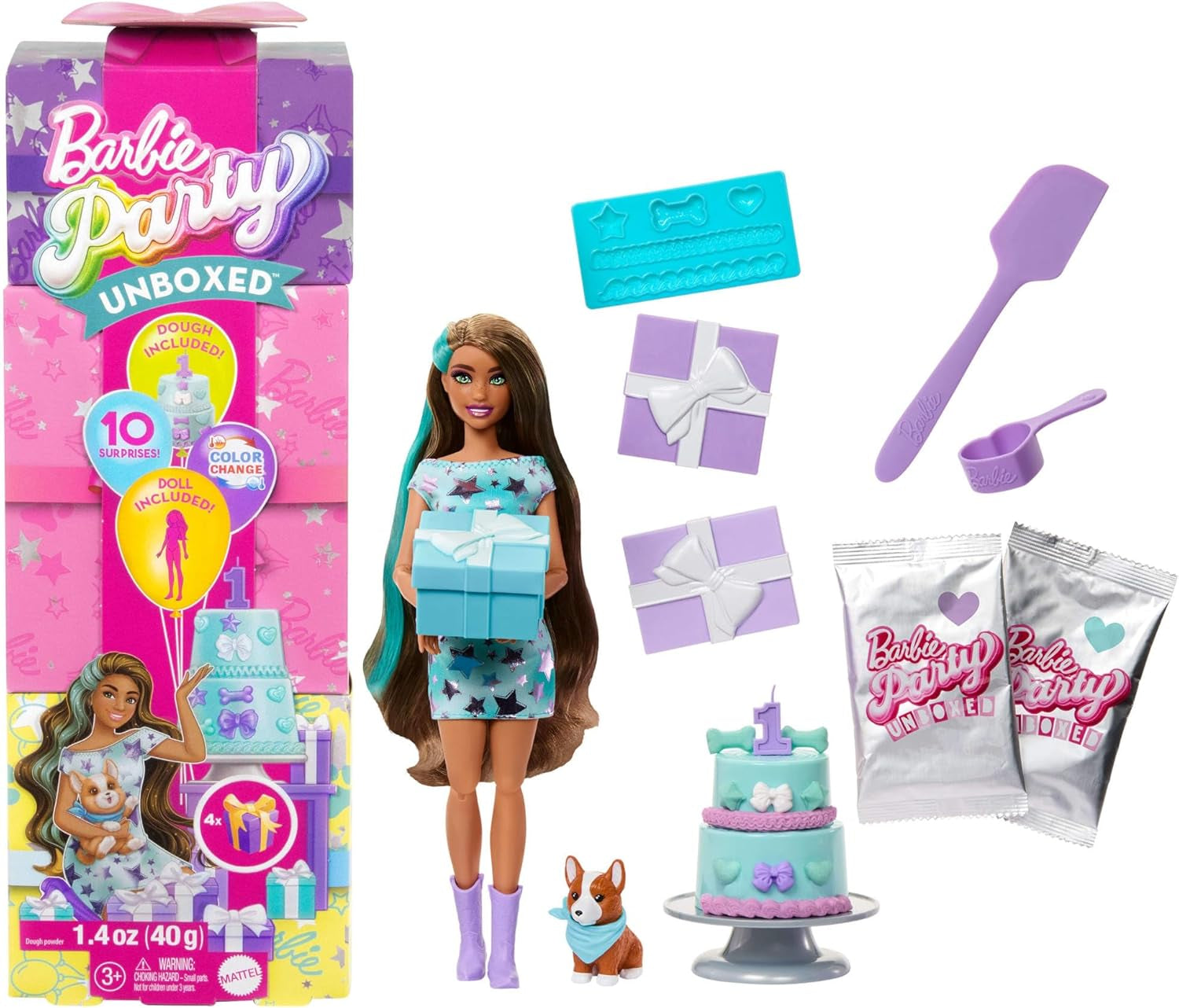 Barbie-Party-Puppe ausgepackt und Zubehör, Geburtstags-Haustier-Serie, 10 Überraschungs-Party-Stern-Set, inklusive Farbwechseleffekt und Kuchendekorationen JFG72