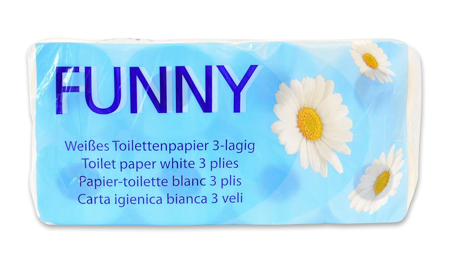 Funny Toilettenpapier AG-014, 3-lagig, 250 Blatt, 9,5 cm x 11 cm, weiß, Einzelpackung mit 8 Rollen