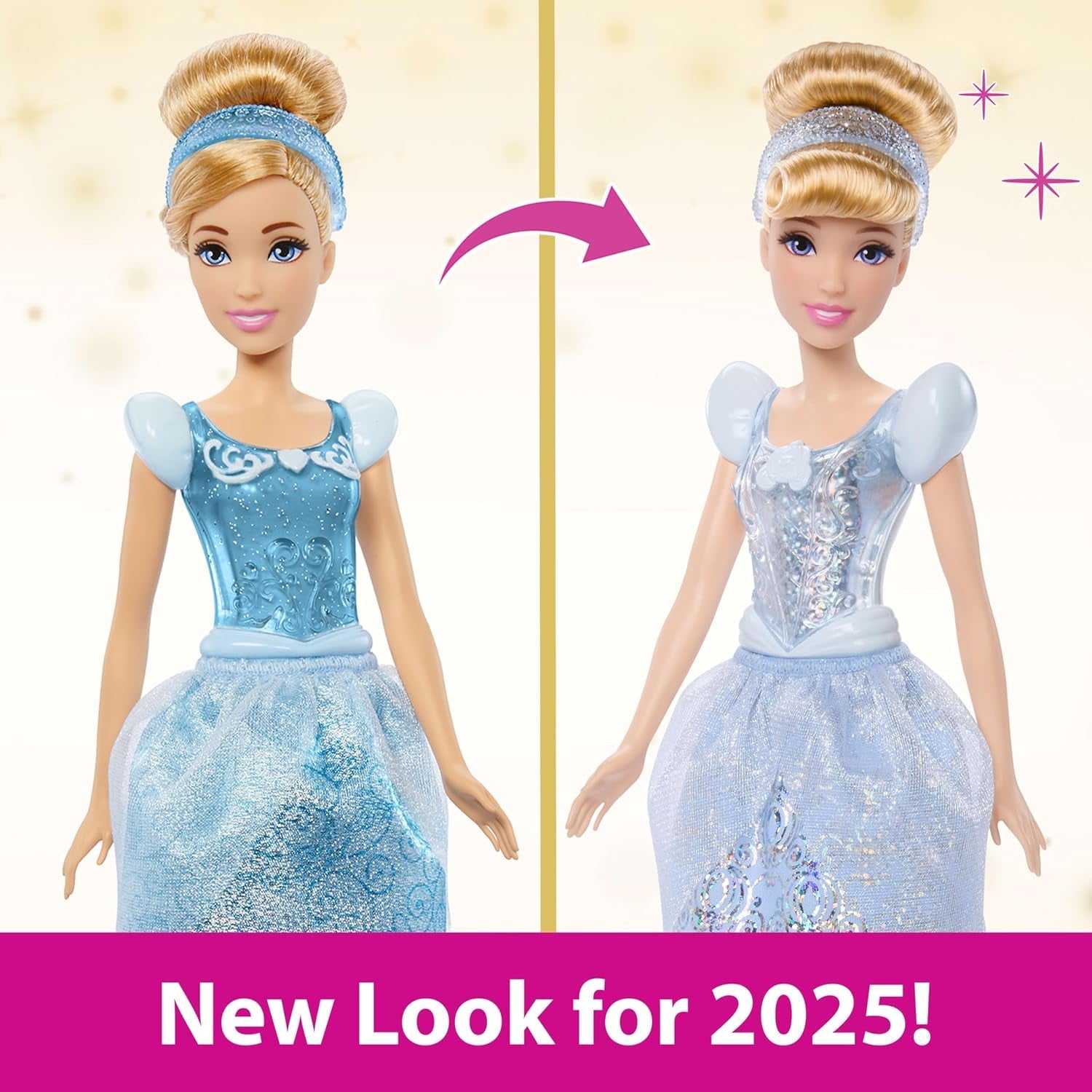 Mattel DISNEY Prinzessin Aschenputtel – bewegliche Puppe mit funkelndem Outfit, abnehmbaren Schuhen und Tiara, gekämmtes Haar für Stylingspaß, für Kinder ab 3 Jahren, HLW06