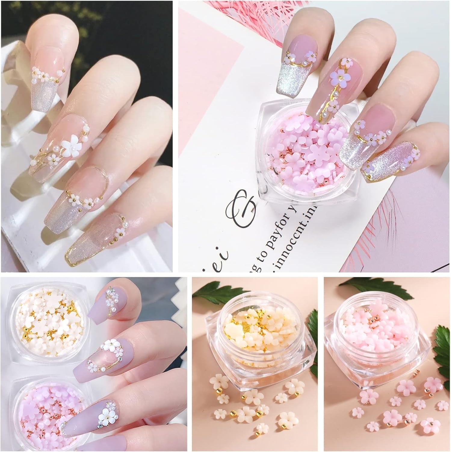 6 Box 3D Flower Nagelkunst Charms, Acryl Flower Nagel Strass Mit Gold Und Silberperlen Ornamente, Nagel Edelsteine, Nagel Zubehör Für Mädchen, Frauen, DIY Nageldesign, Basteldekoration…