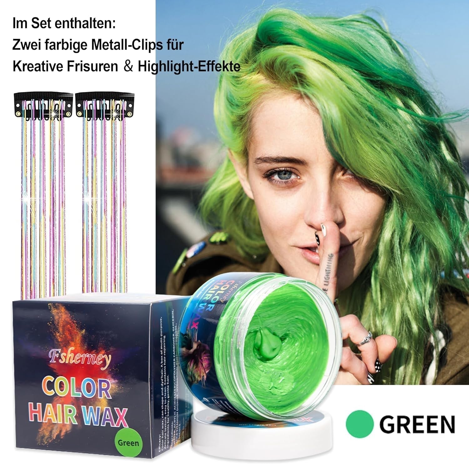 Temporäres grünes Haarfärbemittel – Haarfärbewachs, Haarton für Männer und Frauen, natürliche Haarpomade, Farbclip-Haarfärbewachs für verrückte Party-Haarfarbe (4,23 oz, grün) Naty Shop Haarfärbemittel