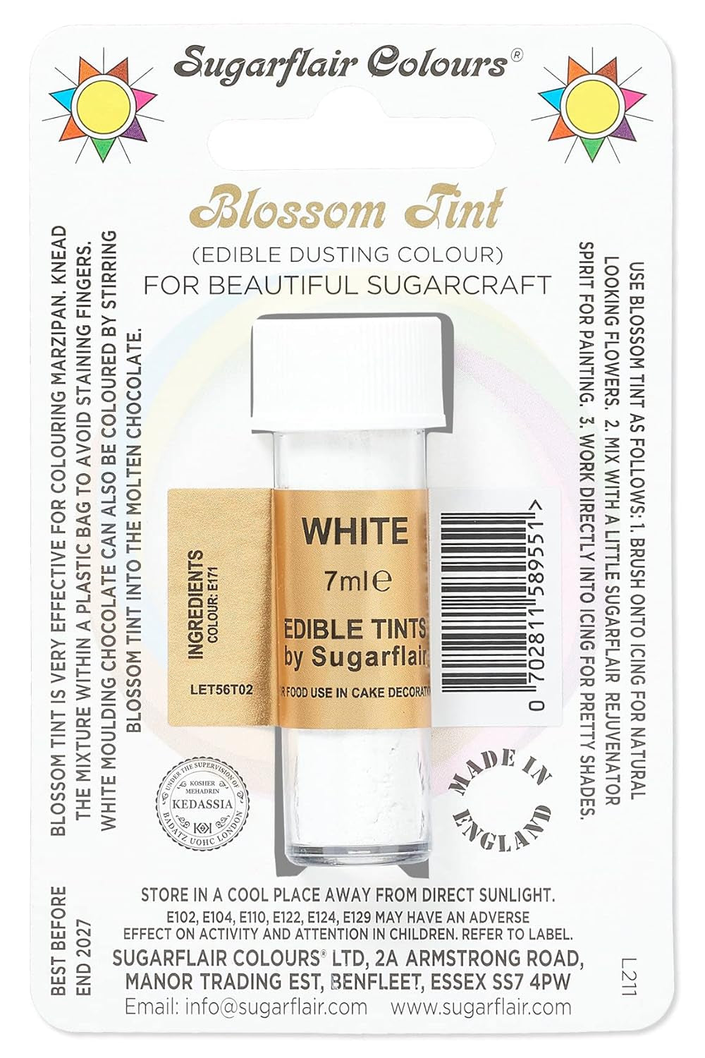 Lebensmittelfarbpulver Sugarflair Blossom Tint Dusting, weiß – Lebensmittelfarbpulver zum Dekorieren von farbiger Zuckerpaste, Fondant, Glasur, Schokolade, Buttercreme, Makronen – 7 ml