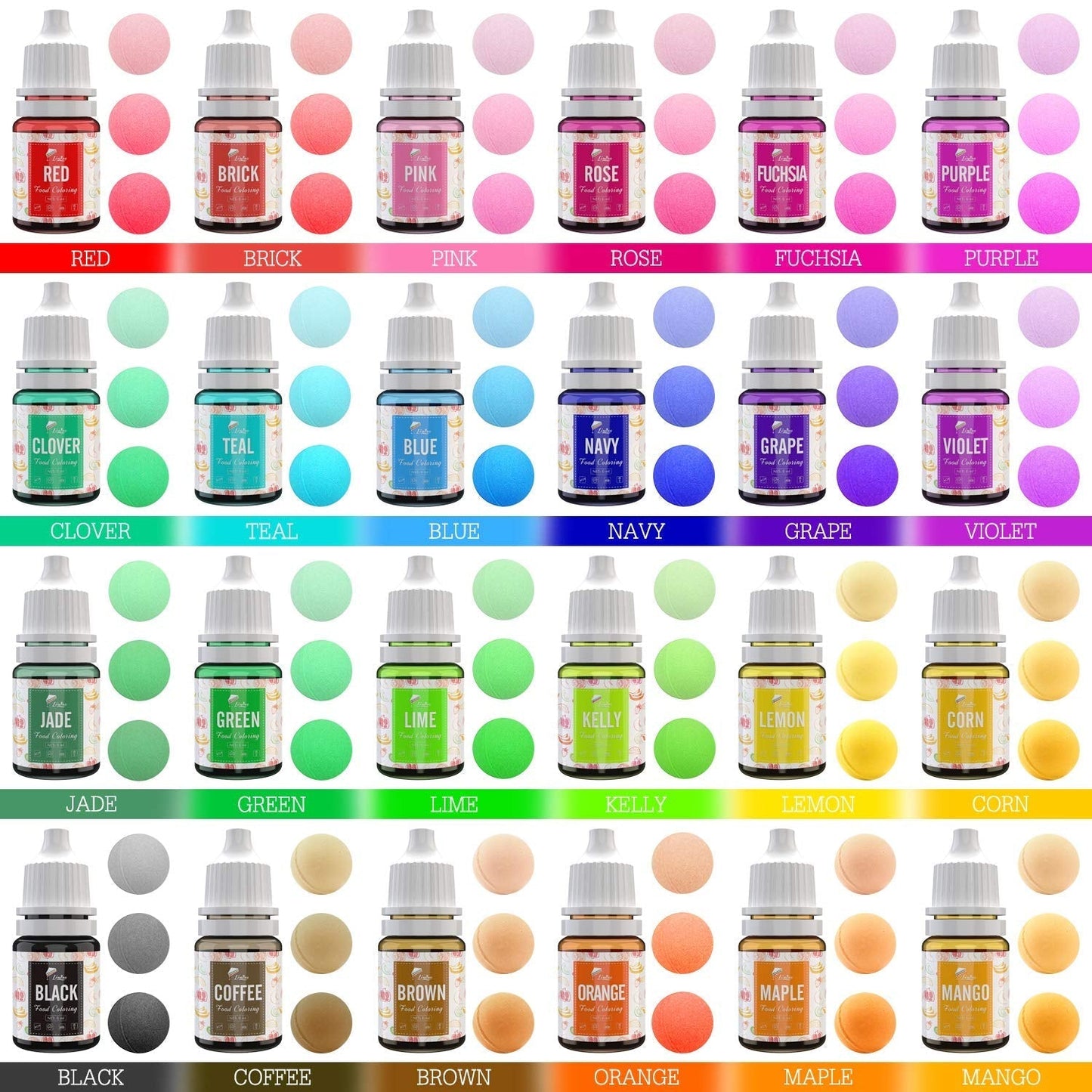 Lebensmittelfarbe in 24 Farben – flüssige Lebensmittelfarbe zum Backen von Kuchen, Keksen, Macarons, Dekorieren und Kochen – lebendige Lebensmittelfarbe für Airbrush, Fondant – je 6 ml