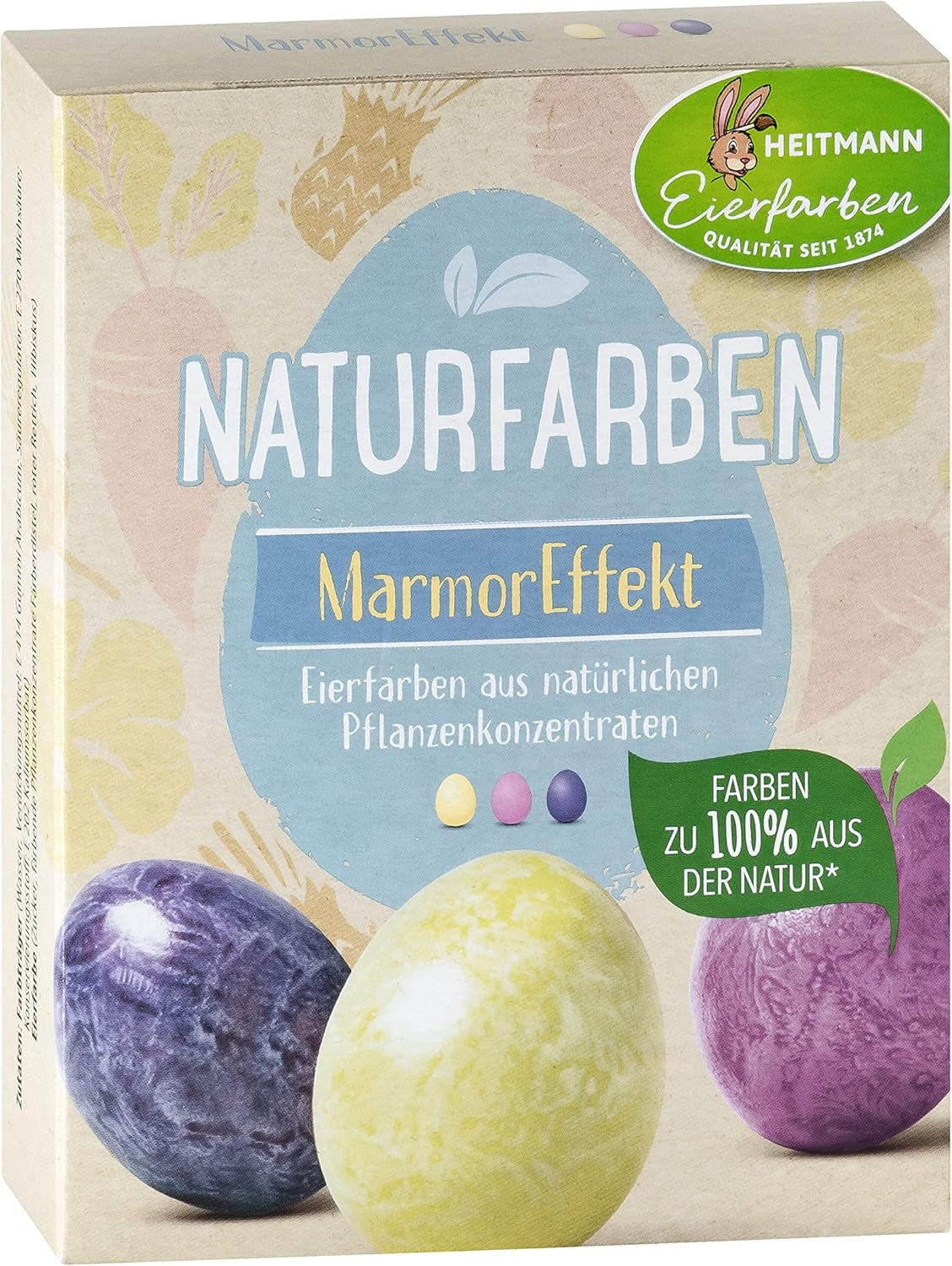 Heitmann Eierfärbe-Naturfarbset, 3 Eierfärbepulver (Gelb, Lila, Graublau), Graspapier-Aufkleberbogen