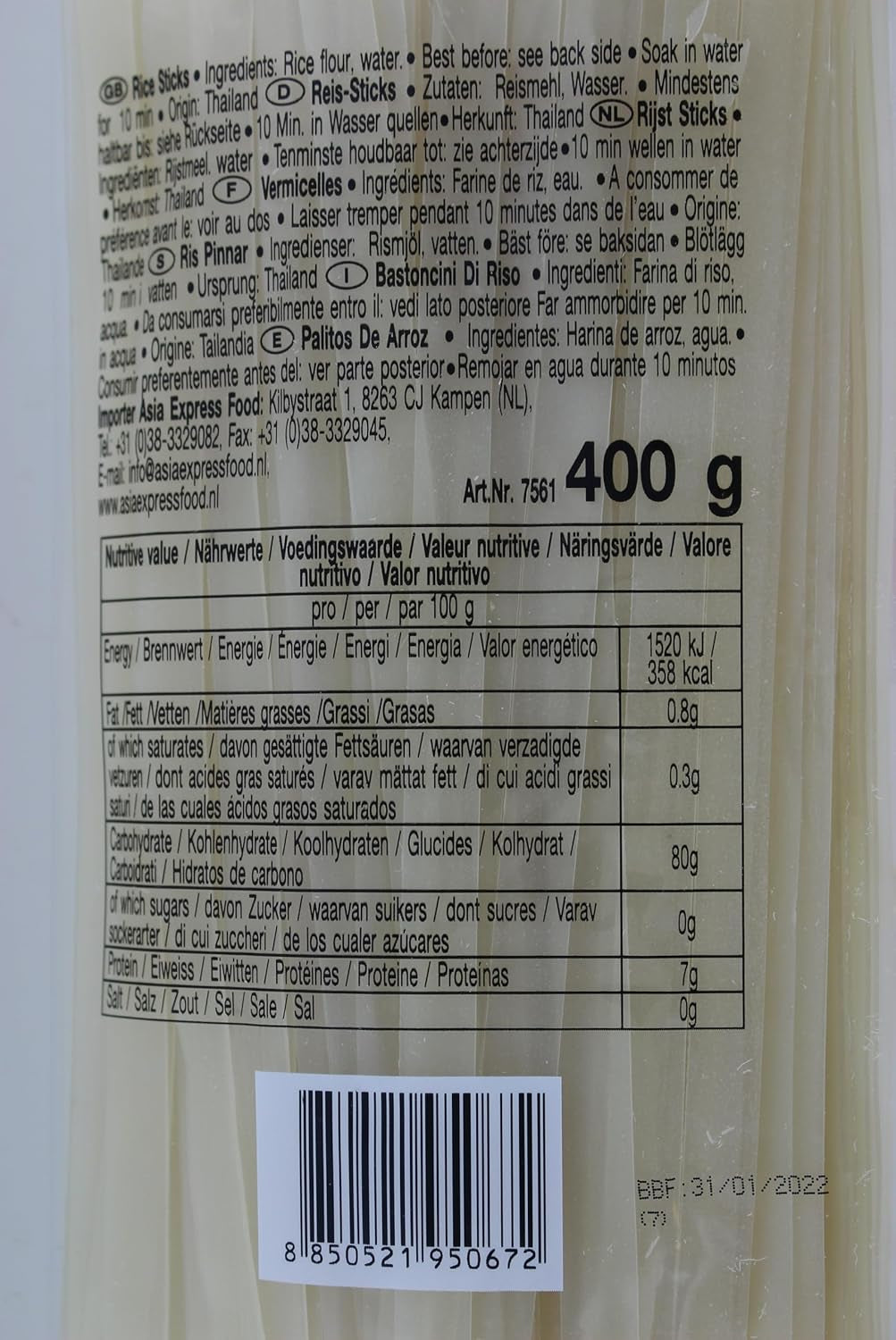 Reisnudeln – Thailändische, 10 mm breite Reisbandnudeln, hergestellt aus Reismehl, gerade – 1 x 400 g